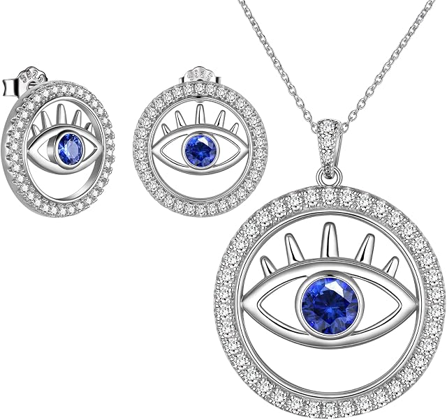 Jewmon Evil Eye Necklace Blue Third Eye Earrings Stud Trukish Evil Eye Ring 925 Sterling Silver Protection Amule Eye Jewelry for Women Girls Mom Daughter Sisters Christmas Gifts Birthday Gifts for Her