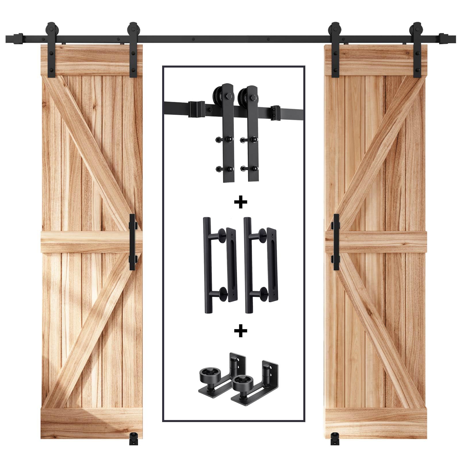EaseLife 8 FT Double Sliding Barn Door Track and Handle Hardware Kit,Straight Pulley,Slide Smoothly Quietly,Easy Install (8FT Track Kit for 20"~24"