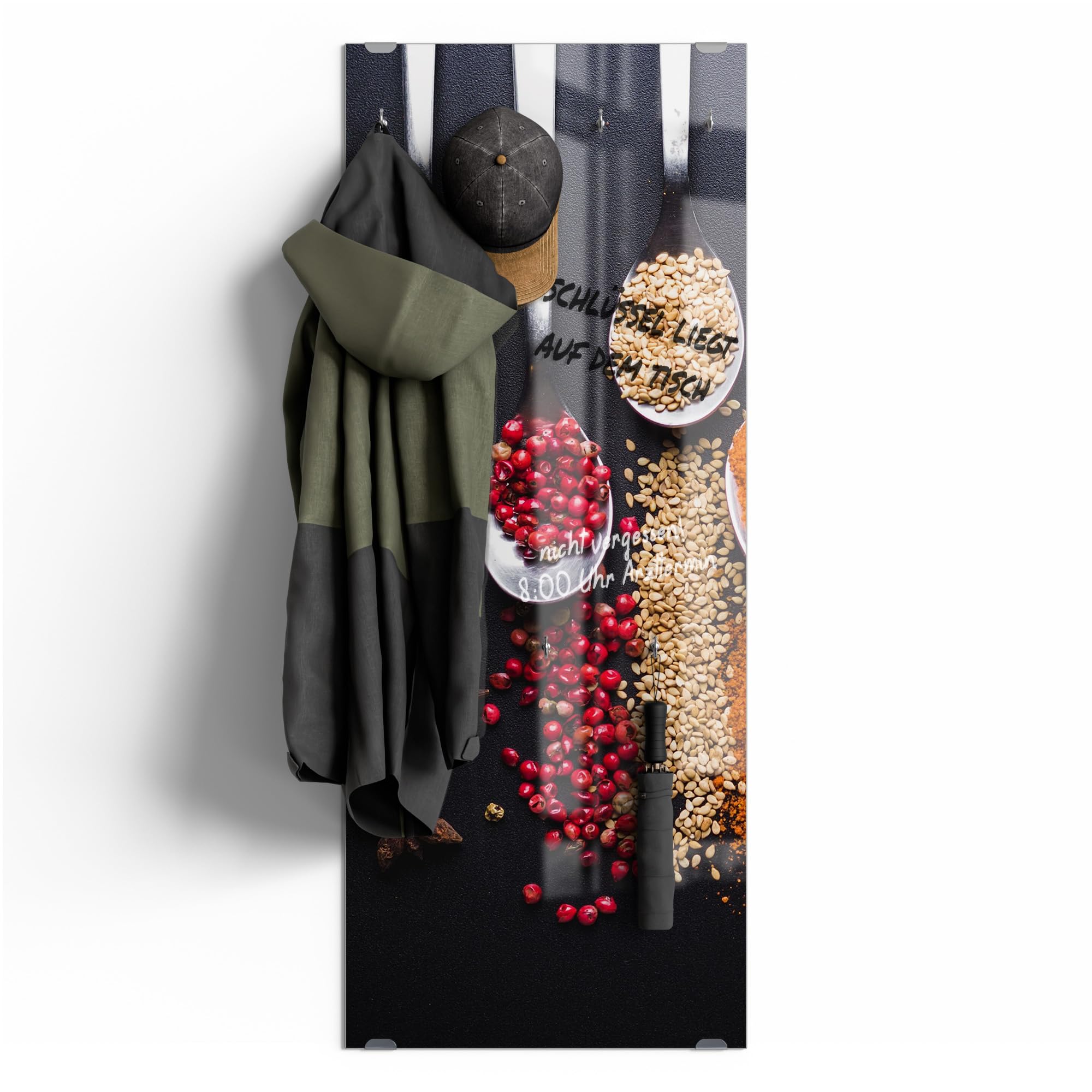DEQORI Kleiderhaken aus Glas mit Motivdruck | Design vertikal, 50x125 cm | Motiv Kochlöffel mit Gewürzen | ESG-Sicherheitsglas mit 7 Haken – beschreibbar & montagefreundlich – pflegeleicht