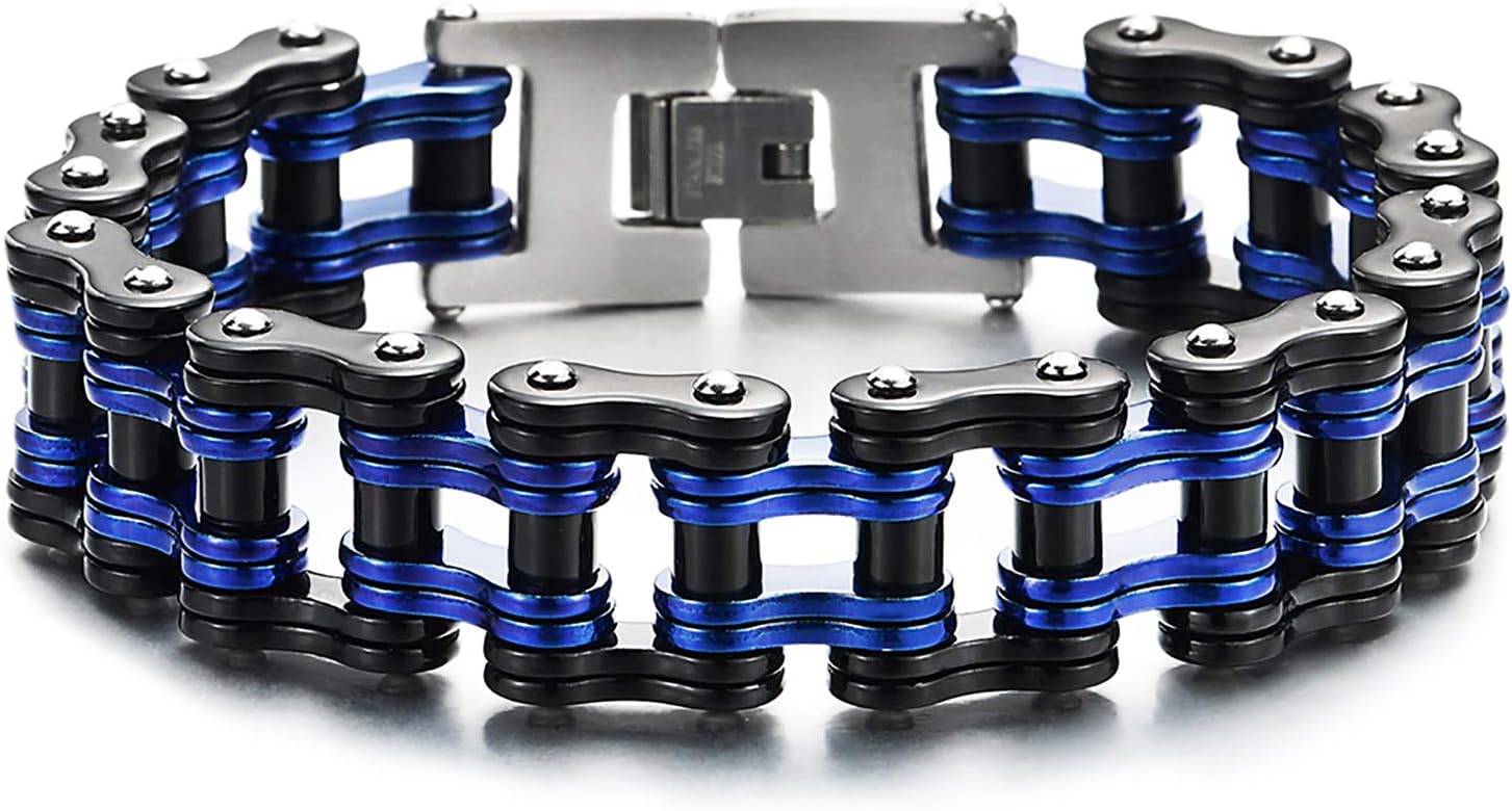 Masculine Mens Bike Chain Bracelet of Stainless Steel Two-Tone Polished