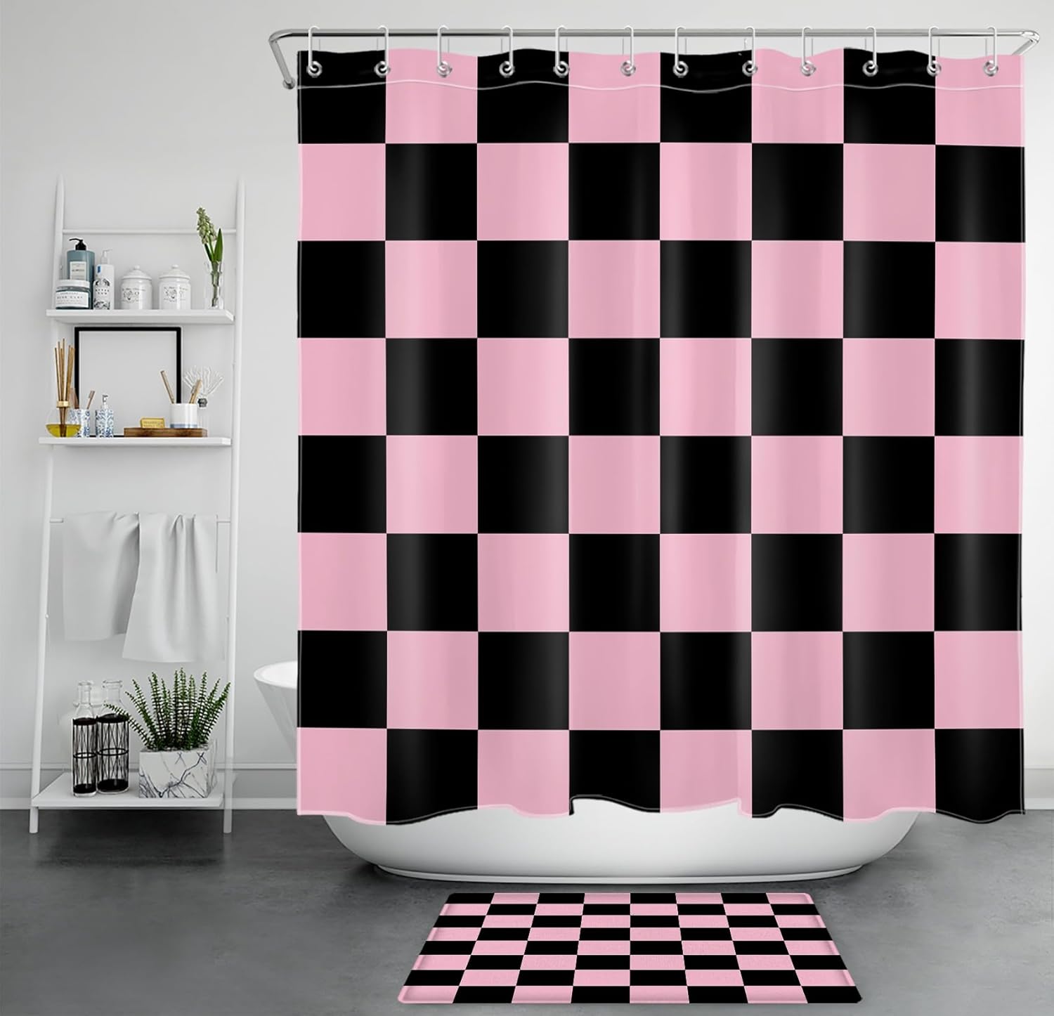 HVEST Pink and Black Shower Curtain Set Checkered Aesthetic Plaid Minimalist Geometric Bathroom Sets with Shower Curtain and Rugs Girls Bathroom Decor, 72Lx72W Inches