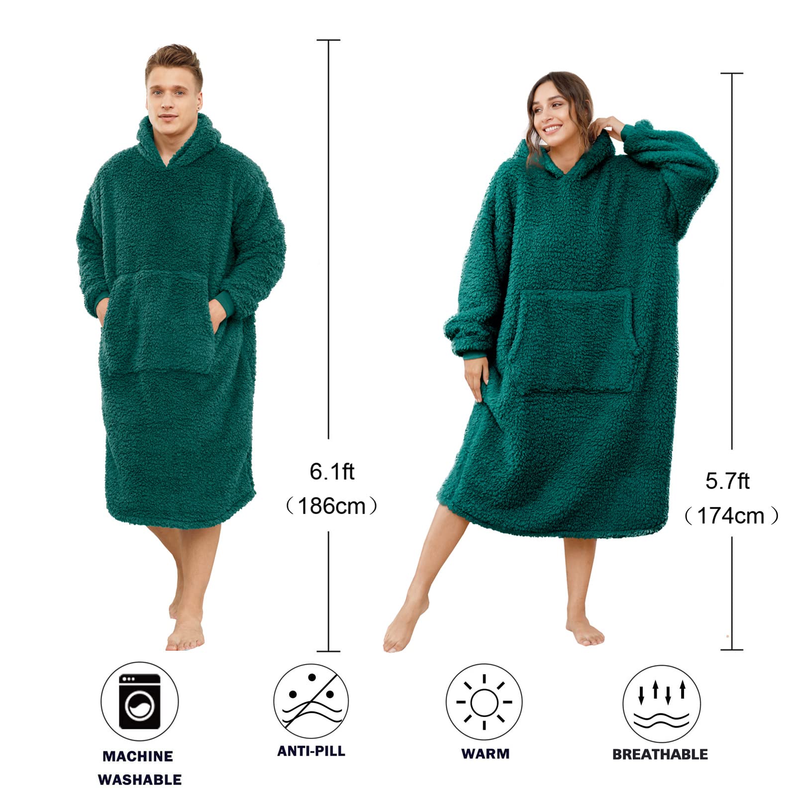ililmmoe Oversize Sherpa coperta indossabile con cappuccio per donne uomini, lunga e confortevole coperta sherpa Shaggy pullover peluche calda coperta accogliente taglia unica Malachite