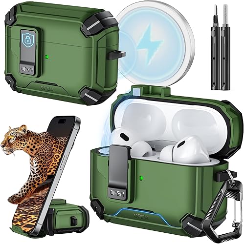Miniatura 12 de Inesore Compatible con funda AirPods 4 con soporte para teléfono y kit de limpieza, Compatible con Magsafe, cerradura magnética automática