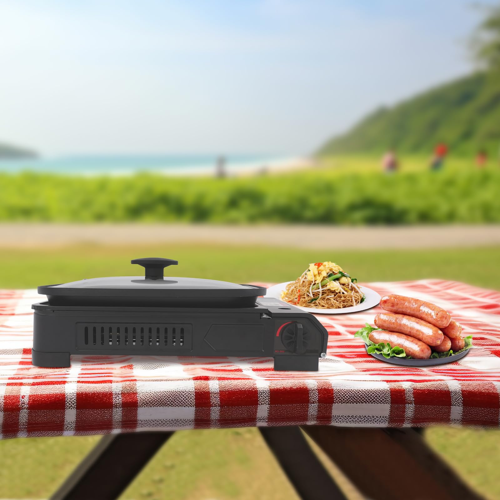 2-in-1 Camping Gasgrill Tragbarer Gaskocher mit Grillplatte und Deckel 2-Flammig Gaskocher für Outdoor Camping und BBQ Butan Grillkocher für Garten, Balkon, 45x30.5x8.5cm (Ohne Griff)
