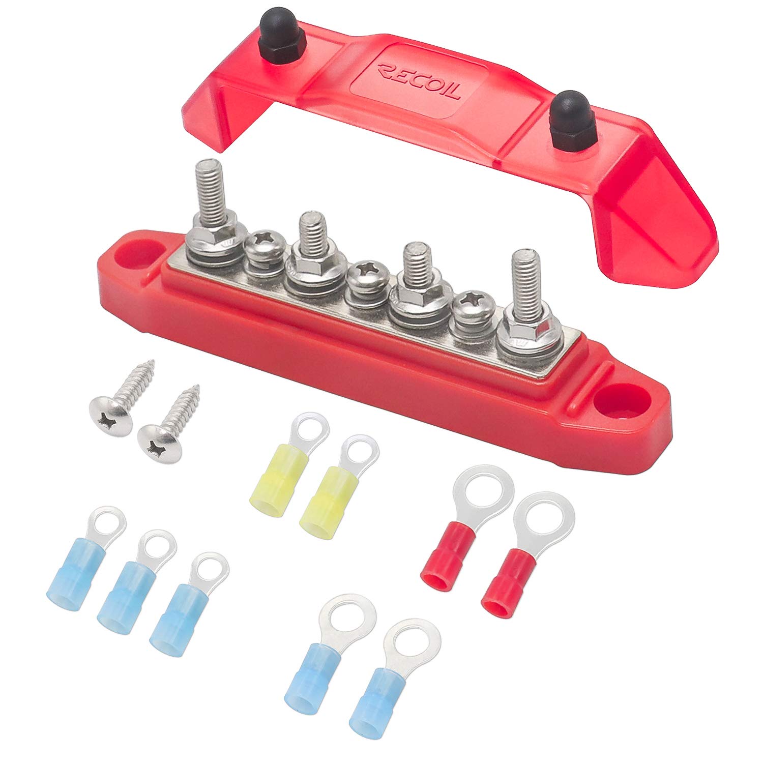 RECOILBus Bar 4 x M5 Studs 3 Screw Terminals Power Distribution Block with Ring Terminals(Red)