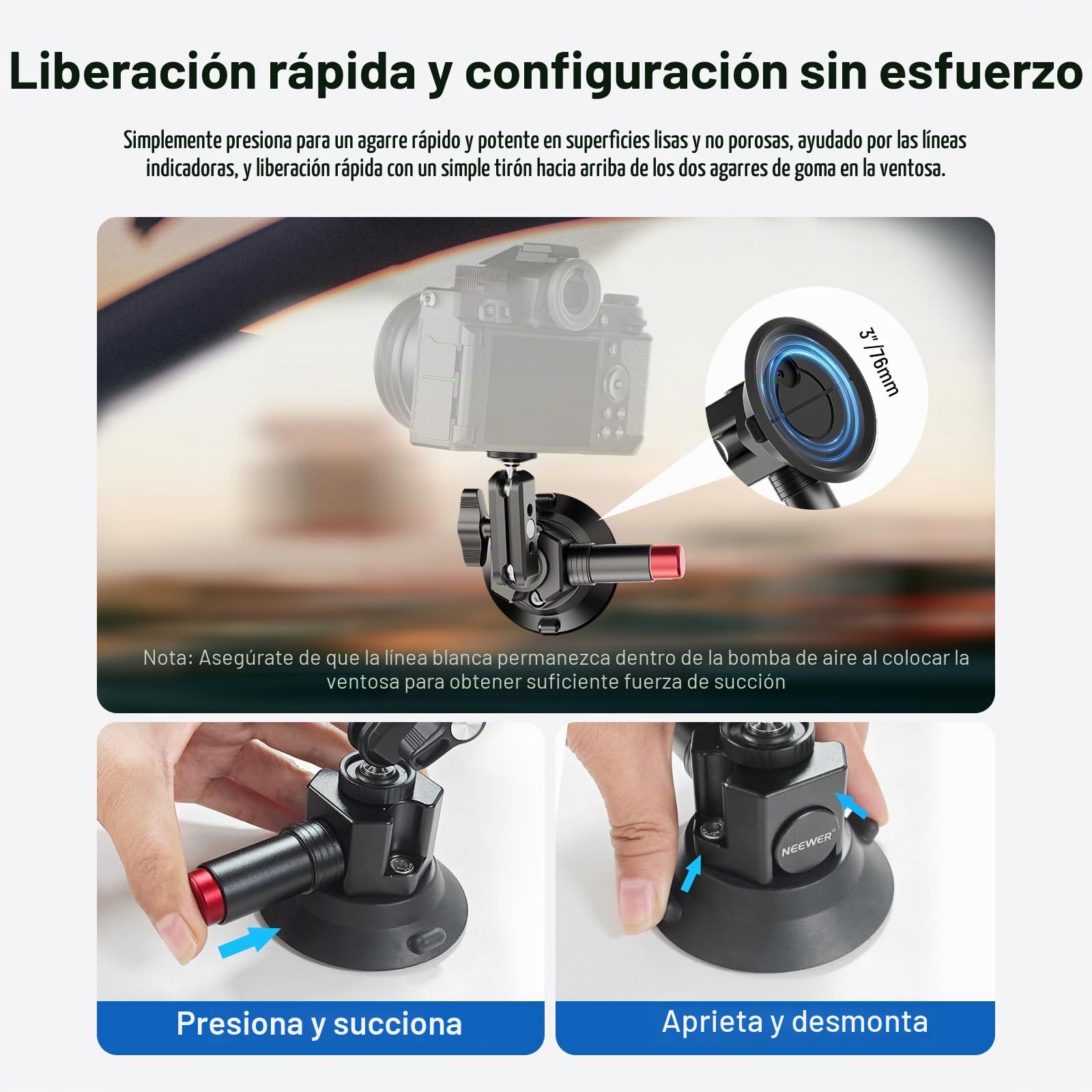NEEWER Soporte de cámara con ventosa de 3 pulgadas con brazo mágico de cabeza esférica, agujeros ARRI de 1/4 pulgadas, soporte de coche de liberación rápida con soporte y adaptador de cámara de acción