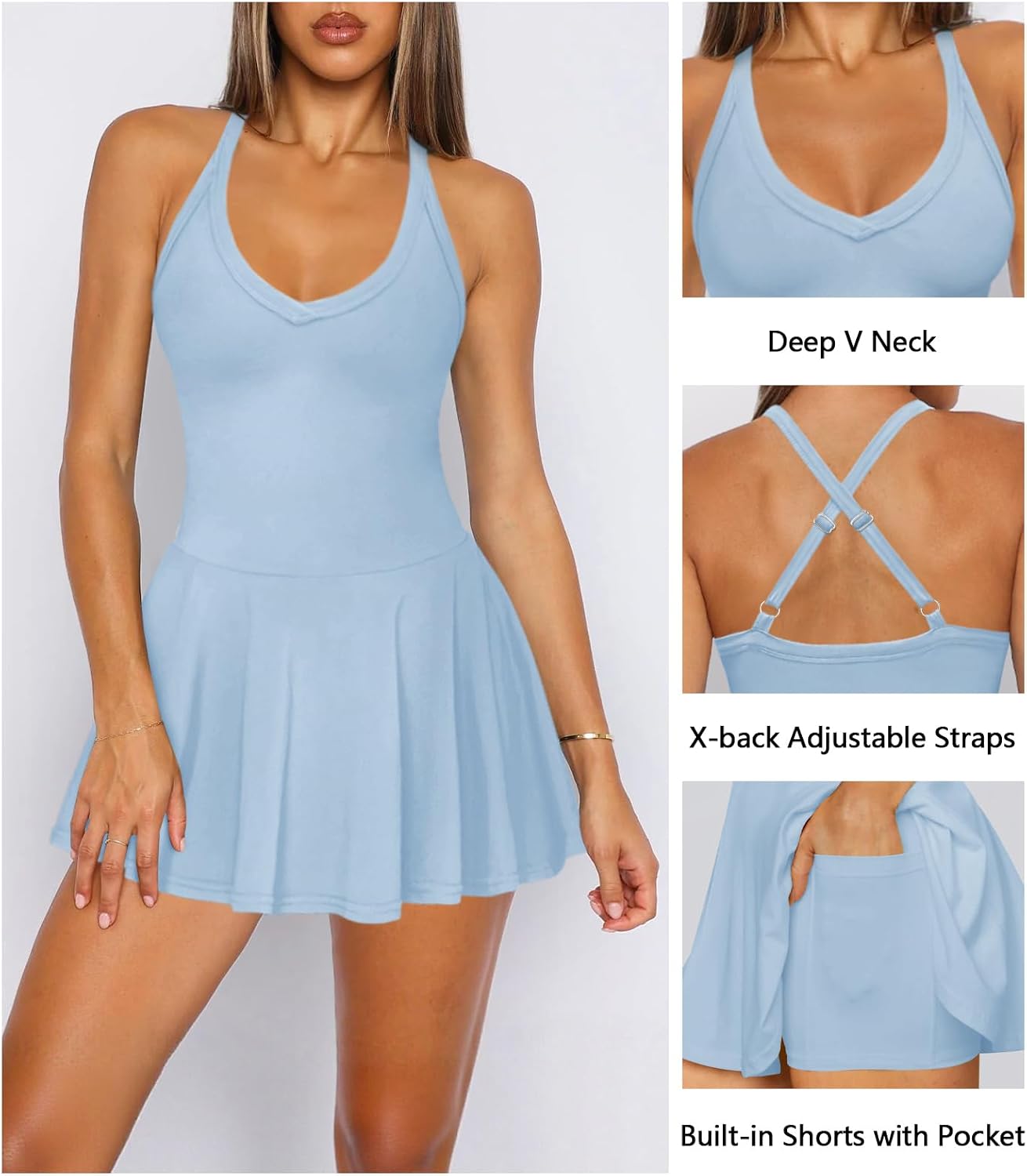 Hragc Women's Sexy V Neck Pleated Flowy Tennis Dress for Women Athletic Golf Workout Summer Mini Dresses with Shorts Pockets
