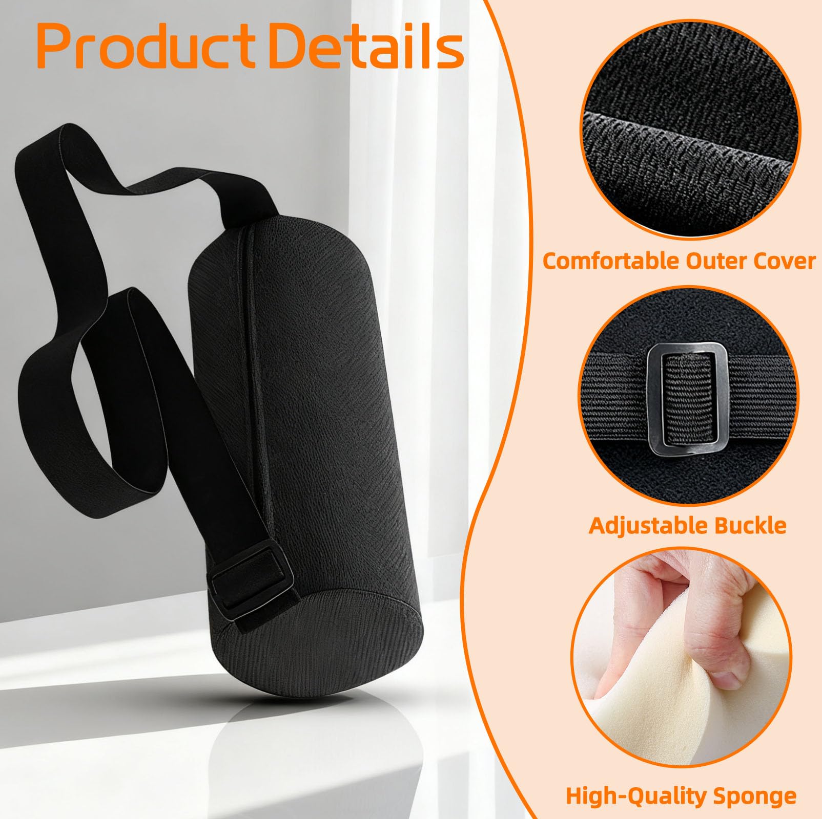 Cuscino Lombare con Cinghia Elastica Rimovibile & Fodera Lavabile, Cuscino Memory Foam Supporto Lombare Sedia Ufficio Inferiore 28x12cm, Rotolo Protezione Ergonomico per Auto, Casa, Viaggio (Nero)