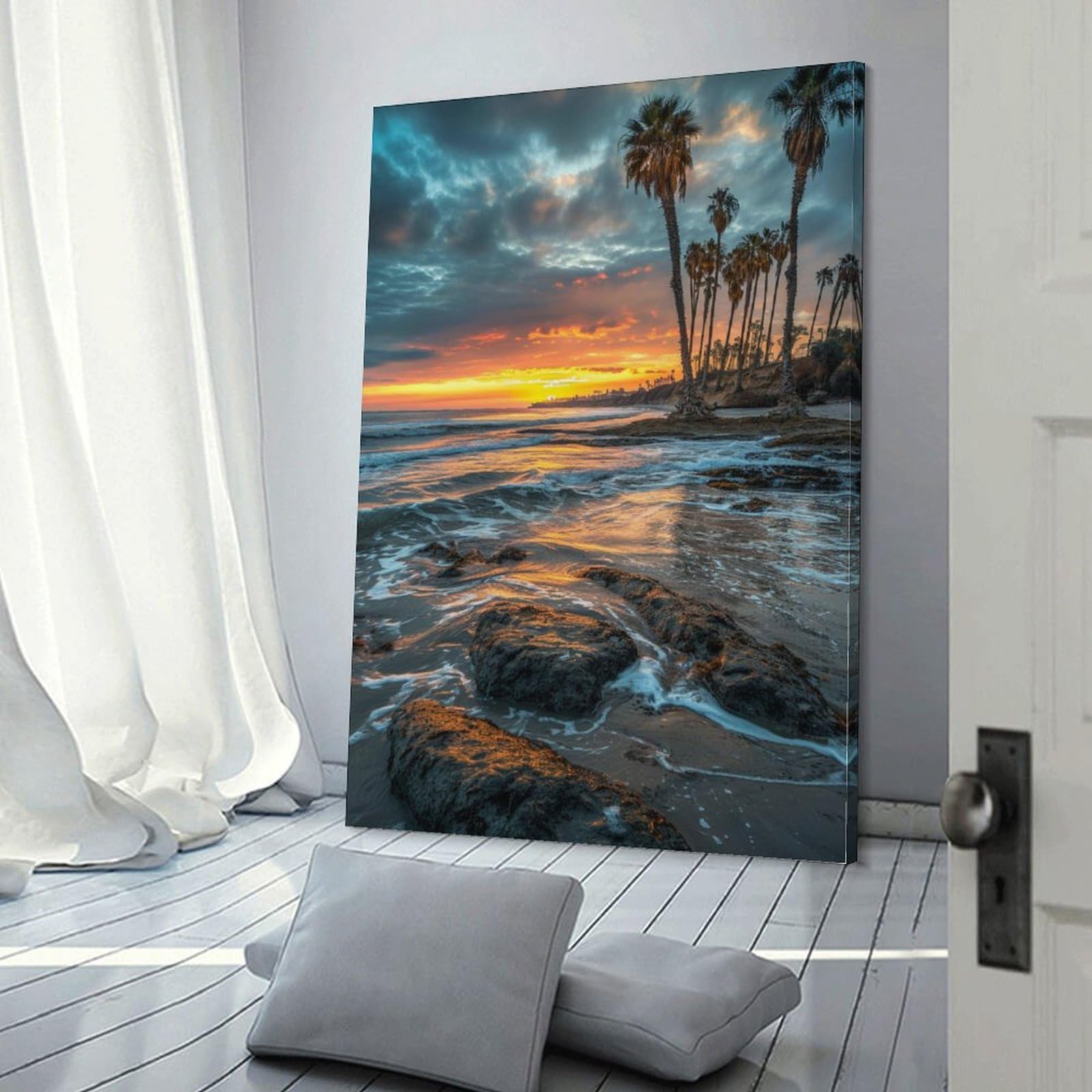 Amazon.co.jp: 絵画 夕暮れ時のヤシの木のあるビーチインテリア 絵画