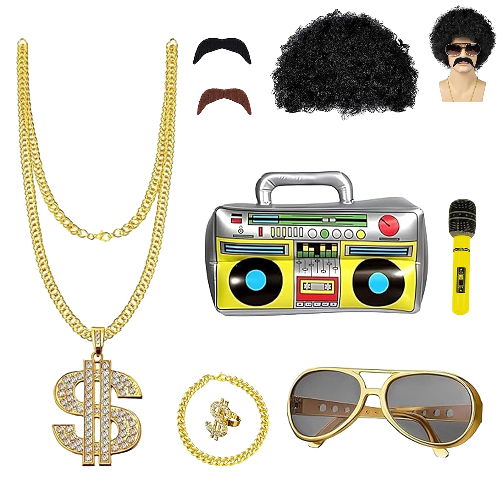 SLshiBo Hip Hop Costume 9 Pieces Costume Gold 80s 90s Rapper Costume  Accessory with Dollar Necklace Gold Ring Sunglasses Inflatable Boombox  Men's Wig etc. for Carnival Fancy Dress Theme Party  BigaMart