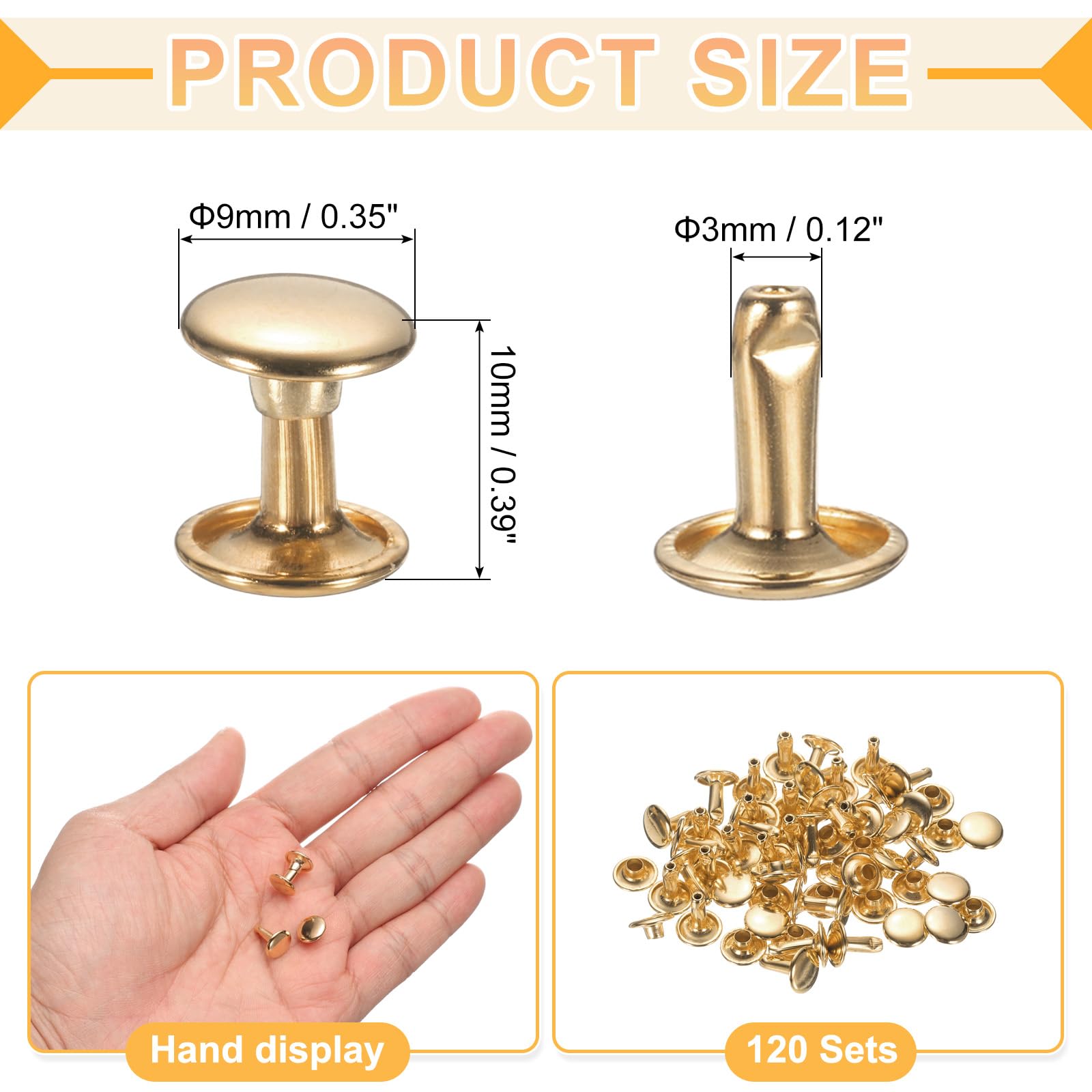 uxcell 120Set Leather Rivets, 9mm Double Cap Rivet Tubular Metal Studs Repairs Decoration Craft Accessories for Repair Decorate Leather Craft Belt Bag Shoes Purse Belts, Light Gold