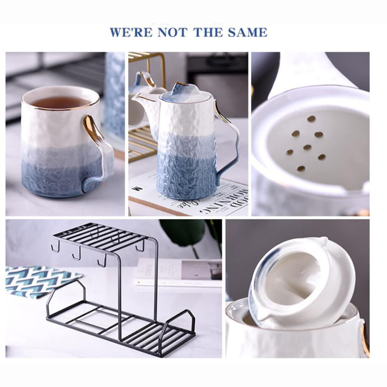 Service à thé en Porcelaine Anglaise Bleue 8 pièces pour Adultes, Une théière, Un Ensemble de 6 Tasses à café avec Support en métal