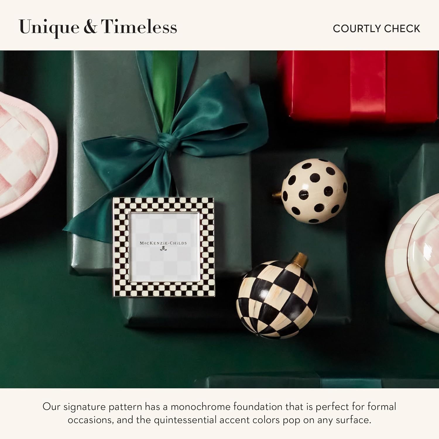 MACKENZIE-CHILDS Celebrate Courtly Assorted Frames, Cute Boxed Picture Frame Set, Round, Square, and Heart Photo Frames, Set of 3