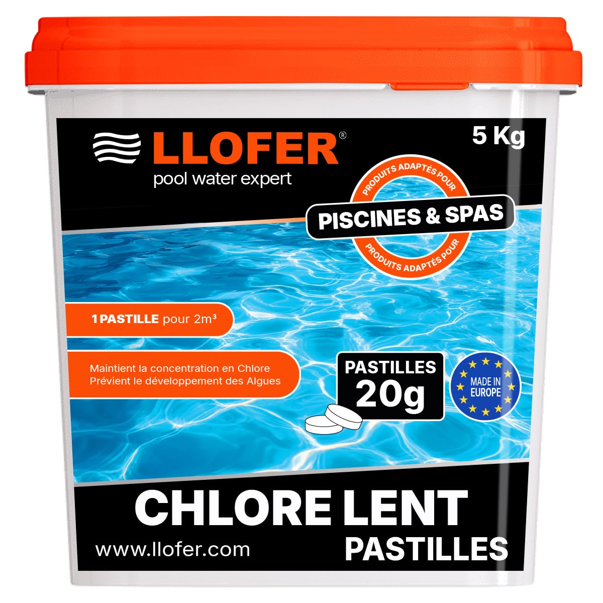 Pastilles de Chlore Lent 20g - Haute Teneur en Chlore (90%) -Seau de 5kg - chloration permanente hautement Efficace Contre Les bactéries, fabriquer en Europe