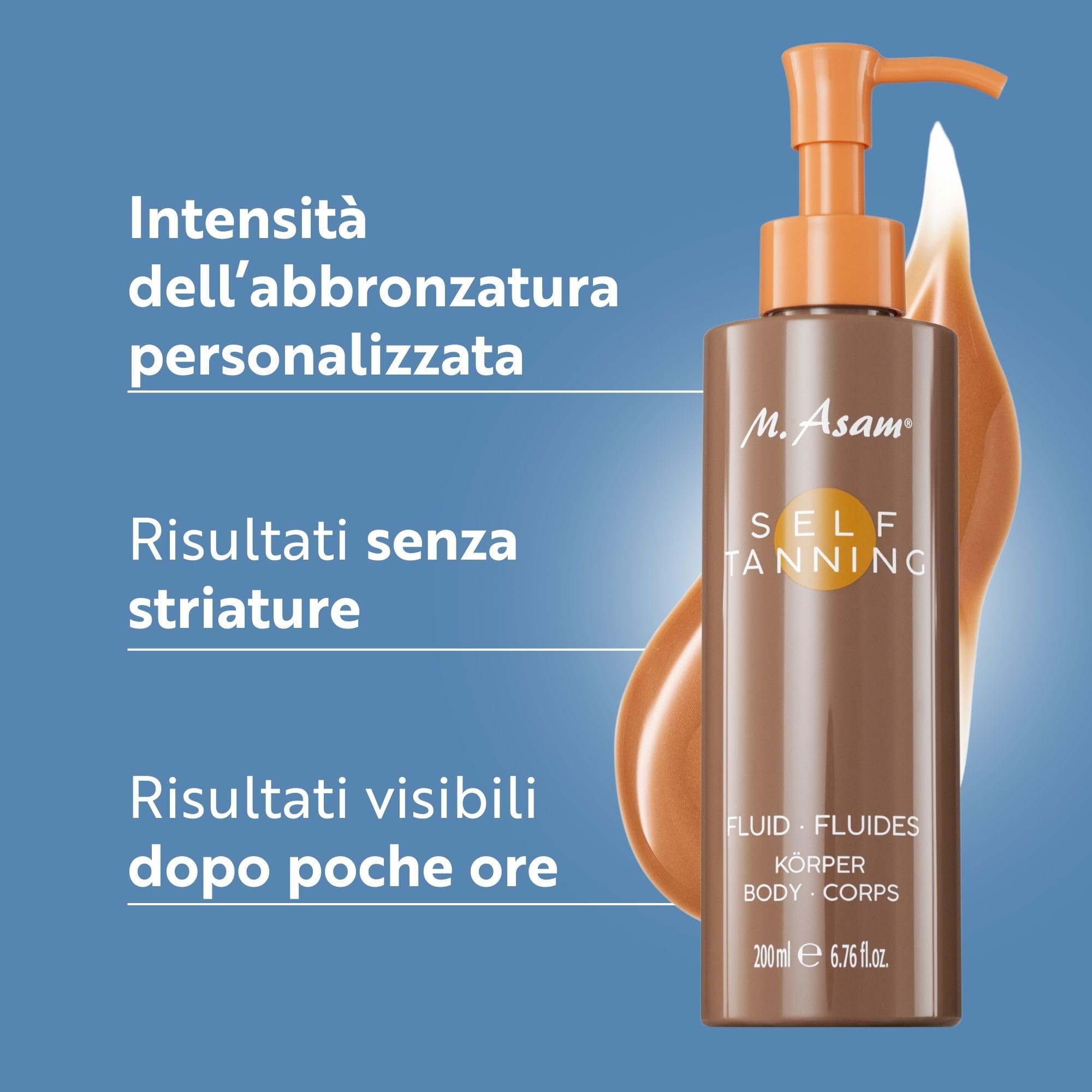 M. Asam M. Asam SUN Self Tanning Fluid (200 ml) - Autoabbronzante per il corpo con effetto immediato e a lungo termine, abbronzatura naturale e duratura, ingredienti idratanti