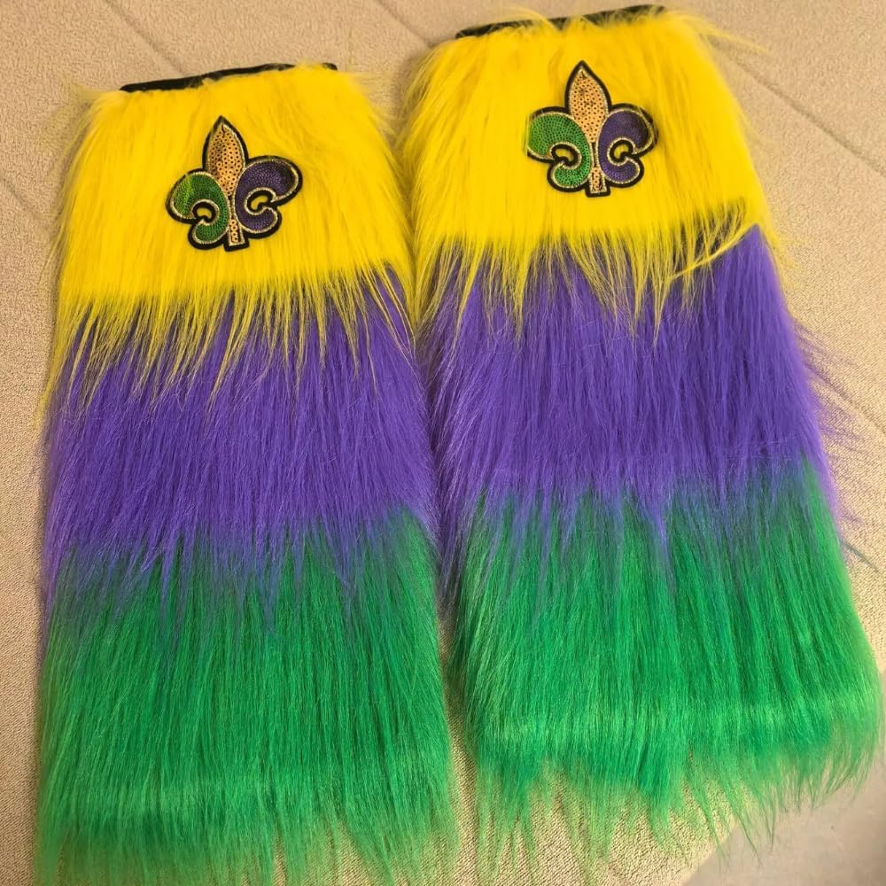 Mardi Gras Fuzzy Leg Warmers Colorful Faux Fur Boot Covers with Fleur de Lis in Purple Green and Gold Festival Wear - Image 5
