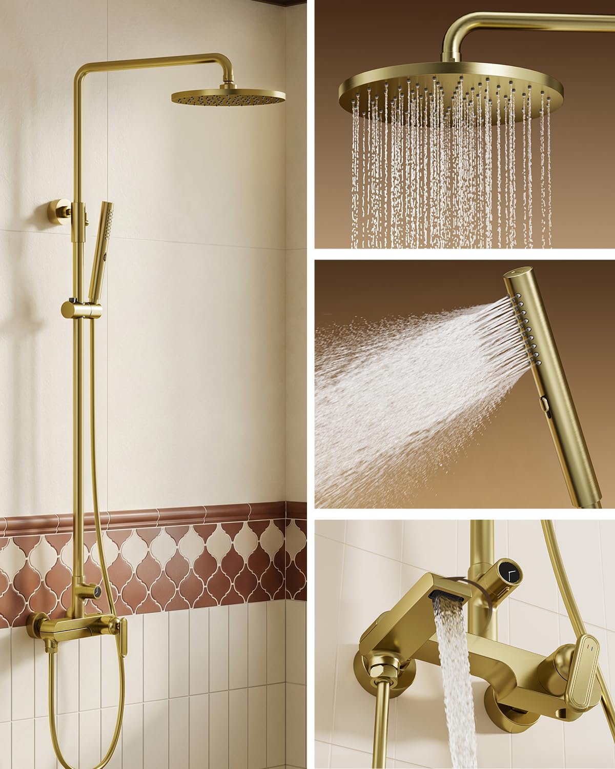 Colonne de Douche or Brossé avec Mitigeur, Robinet de Baignoire Pivotant