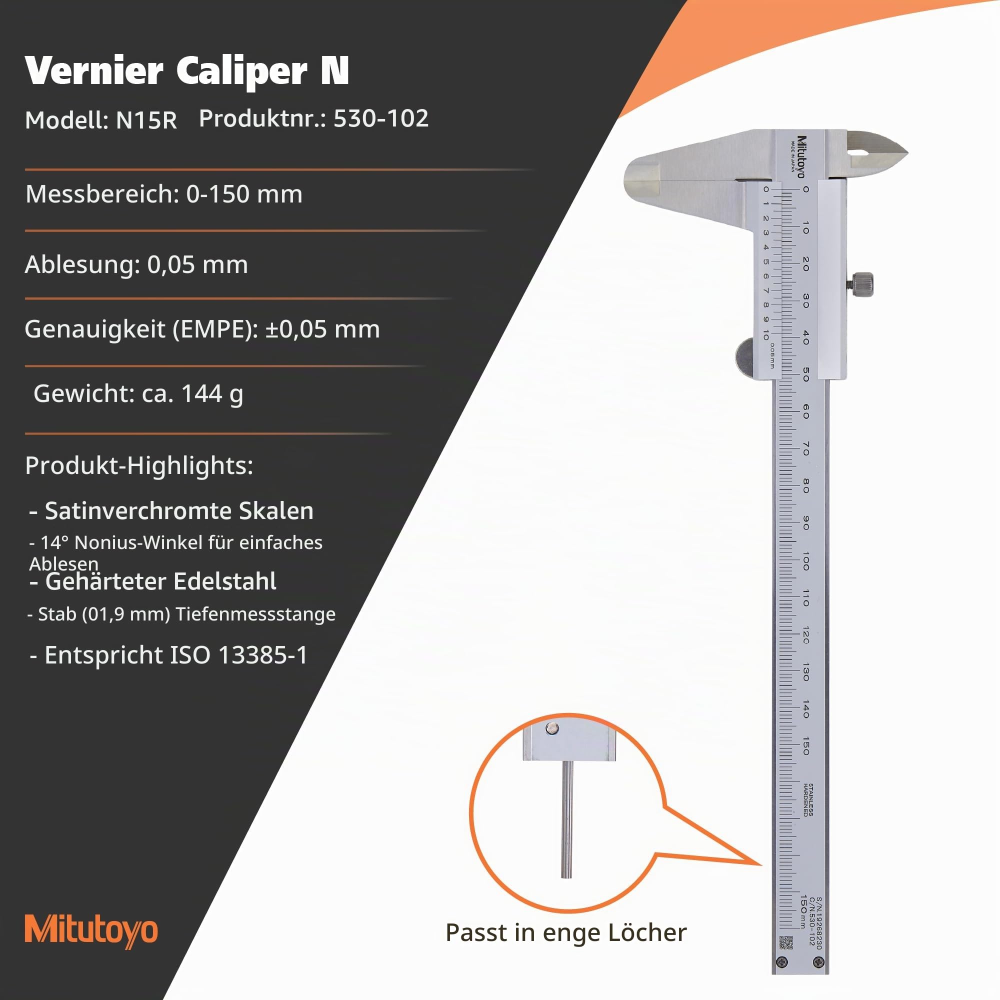 Mitutoyo 530-102 Standard-Nonius Messschieber, 0-150 mm | 0,05 mm, mechanische Ablesung, rundes Tiefenmaß, robust