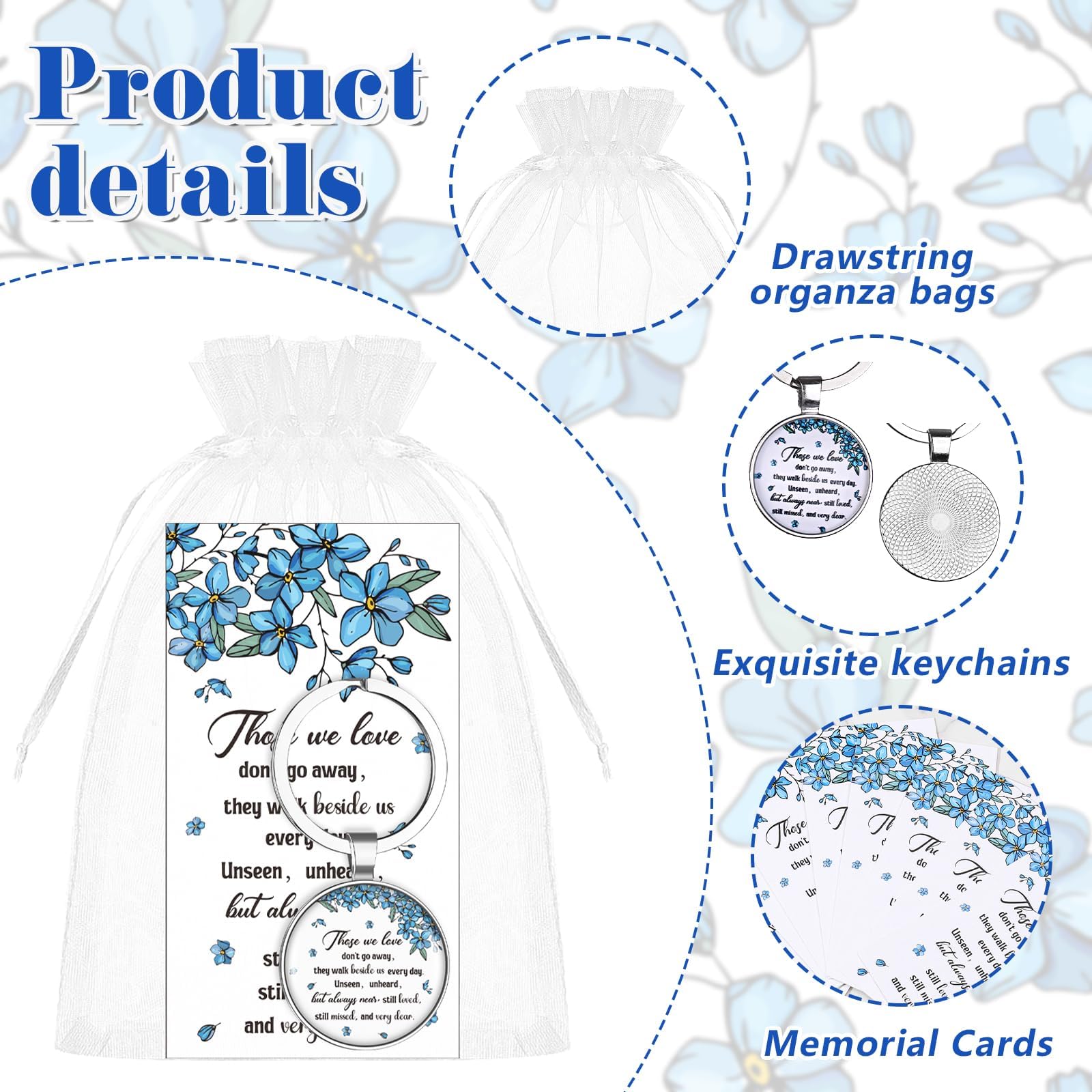 CNSJ Forget Me Not Memorial Keychain Funeral Favors with Flower Key Ring Bulk Remembrance Cards Organza Bags for Loss of Loved One Memorial Service Guests Keepsakes (30) - Image 3