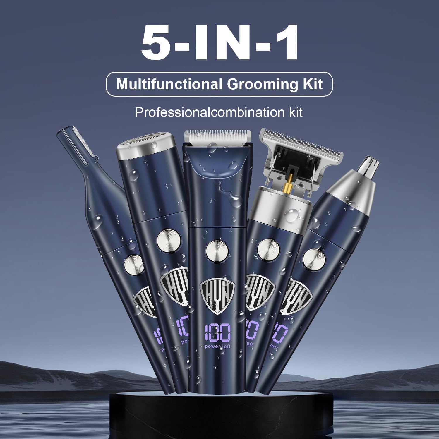 Five grooming tools standing upright, showcasing the 5-in-1 functionality.