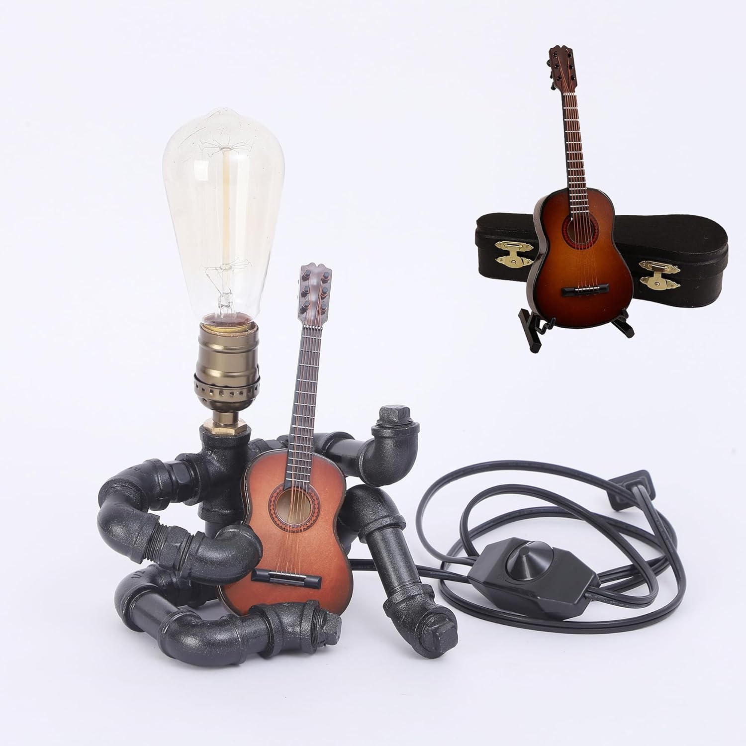 Steampunk Music Guitar Table lamp,Industrial Desk Lamp dimmable, Metal Pipe Robot Lights, Decor Guitar Stuff Cool Gifts for Music Lovers,Free Edison Bulb