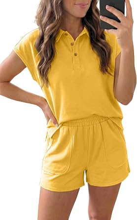 wihnsinop Mist Blue Loose Polo Tee Elastic Waist 2pcs Short Set 2026 Summer Outfits for Women 2 Piece Sets