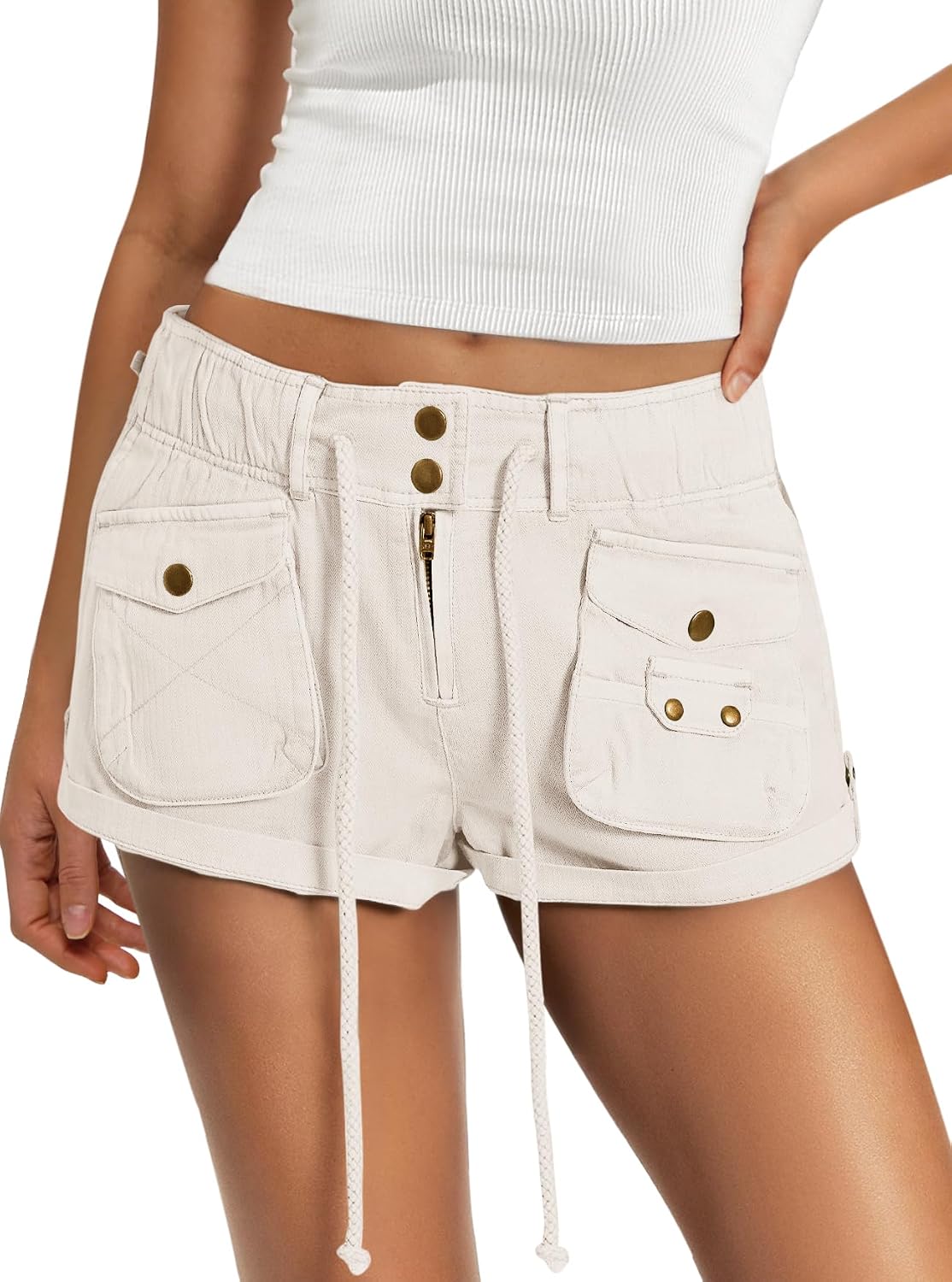 Yanekop Womens Cargo Shorts Casual Comfy Low Rise Drawstring Elastic Waist Shorts with Pockets Vacation Summer Clothes