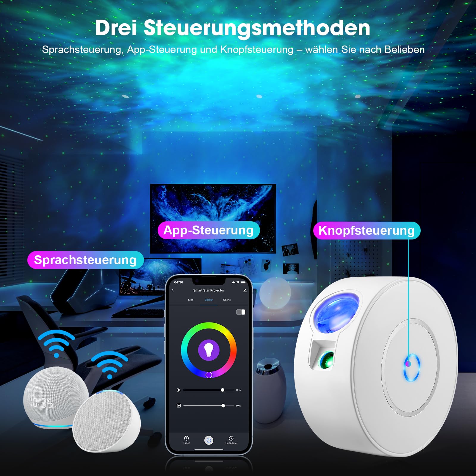 Smart Sternenhimmel Projektor, WLAN Galaxy Projector mit Fernbedienung, App & Sprachsteuerung, 16M Farben Sternenprojektor, 25 dB leiser Betrieb mit 4 Positionierungswinkeln