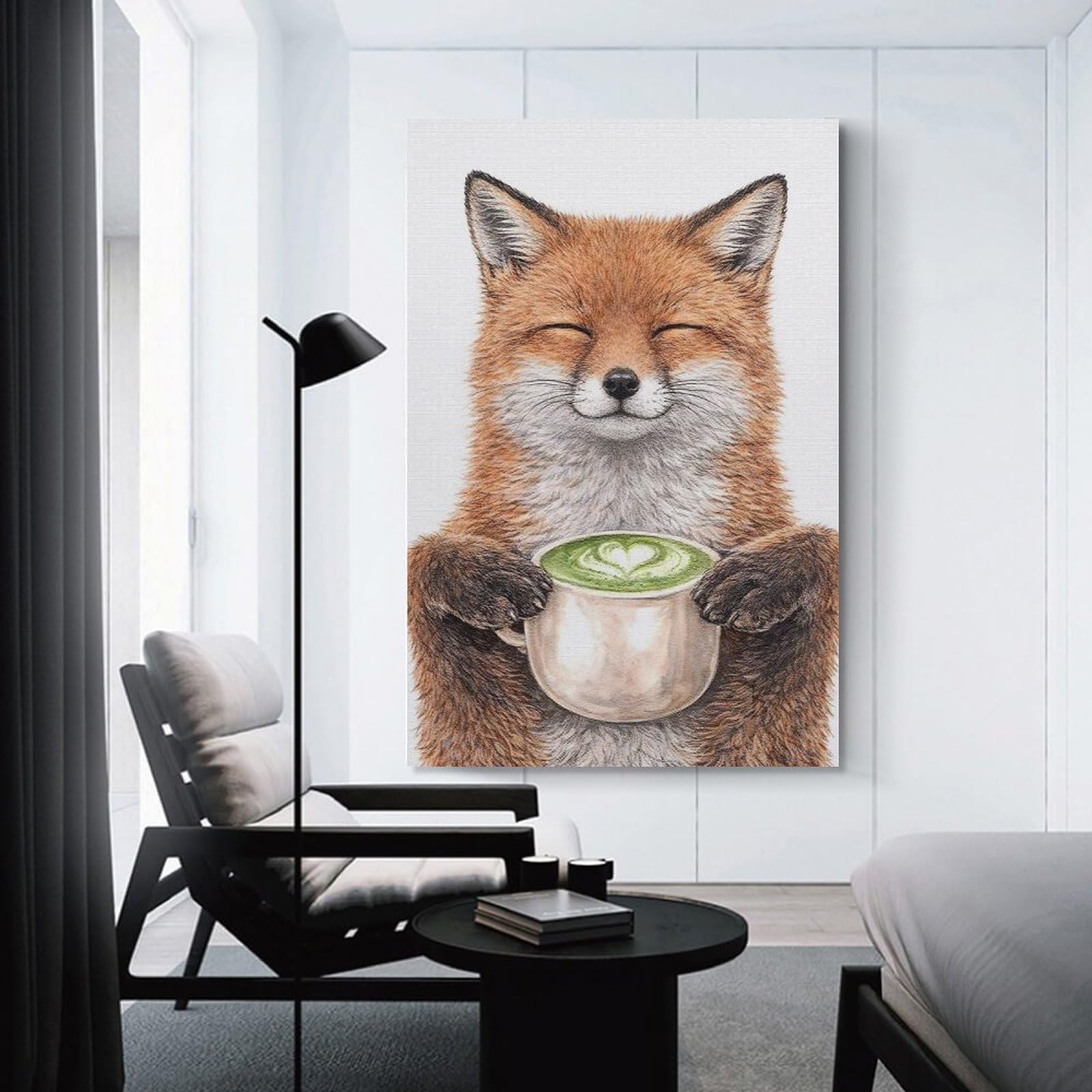 Junmoney Fox Enjoying Matcha Latte Wall Decor Canvas Print, 24x36inch(60x90cm), for Wall Displays, Bedrooms Or Room Updates, Wall Decor Suited to Curated Displays