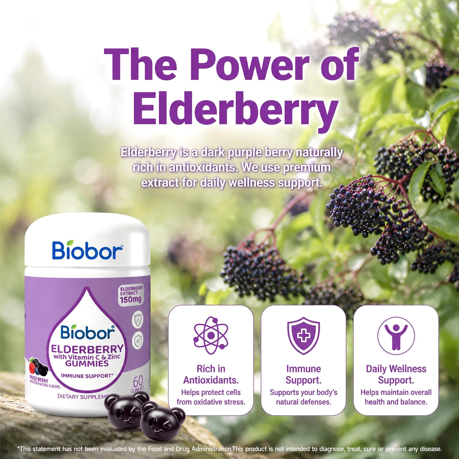 Biobor Elderberry Gummies with Vitamin C & Zinc, 150mg Elderberry, 120 Ct — Amazon image 4