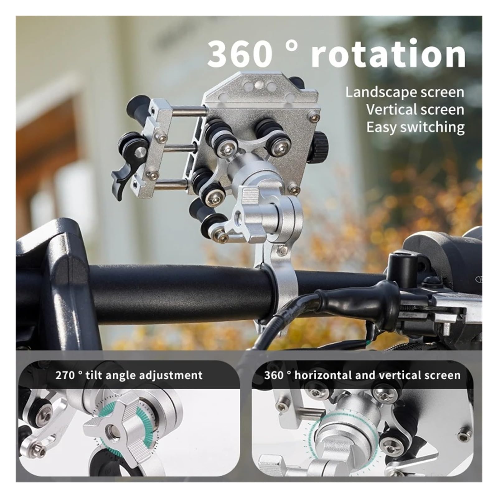 Supporto Per Telefono Moto Porta Cellulare Moto Staffa GPS per moto | Nuovo Supporto Mobile Universale Ammortizzante Staffa Di Navigazione Per Bici Lega Rotante A 360°(D Black)