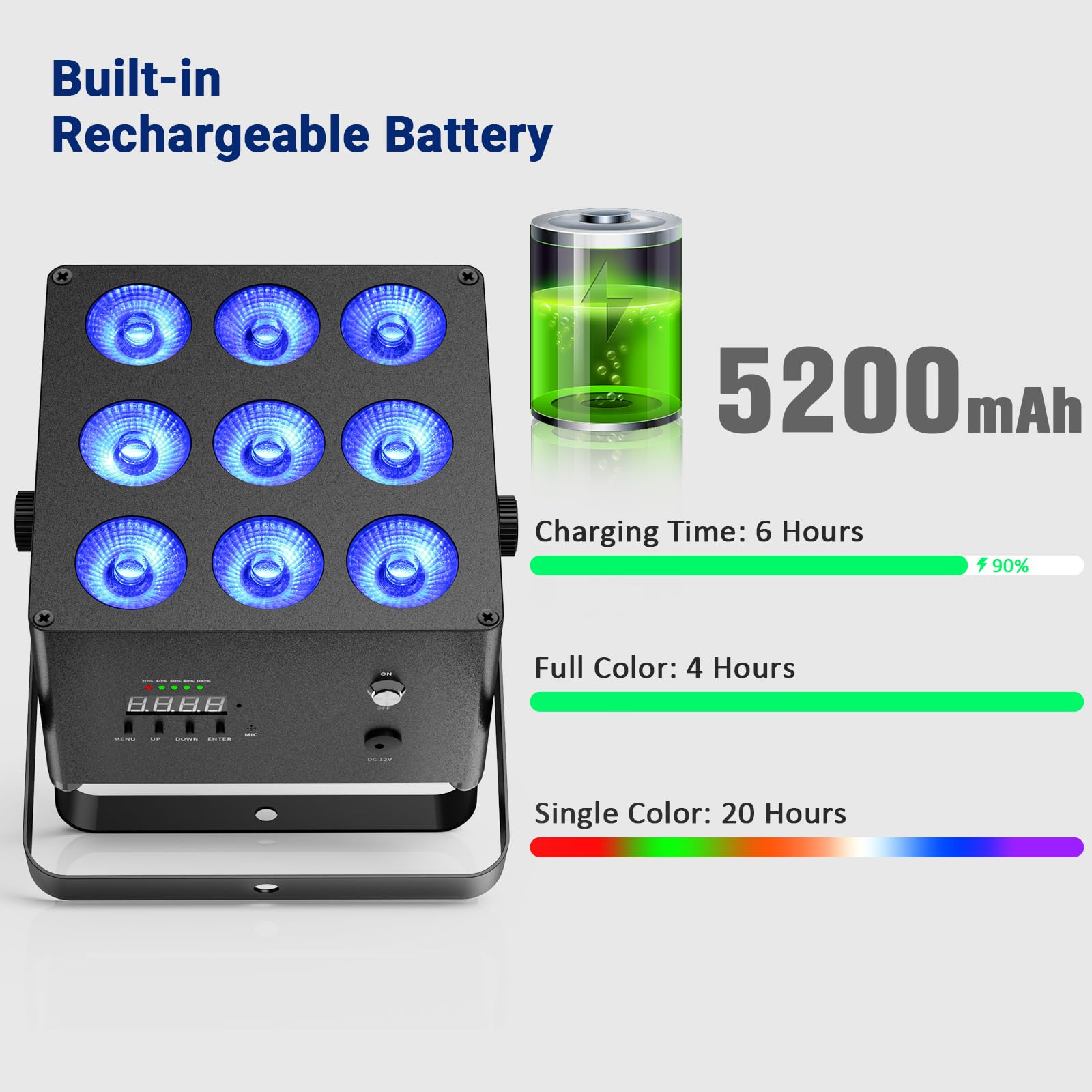 Luces pares LED alimentadas por pilas, 9 x 6 W, RGBWAUV, hexagonales, inalámbricas, 2 unidades, 6-20 horas de trabajo, DMX512 y carcasa de metal con control remoto para DJ, música, baile, eventos