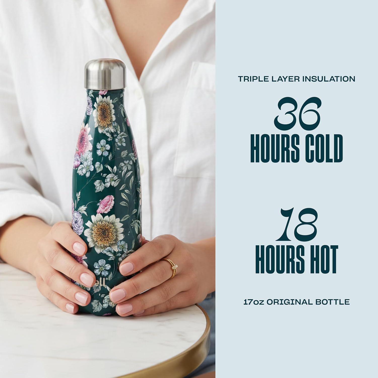 S'well Stainless Steel Water Bottle, 17oz, Midnight Botanical, Triple Layered Vacuum Insulated Containers Keeps Drinks Cold for 36 Hours and Hot for 18, BPA Free, Perfect for On the Go - Image 2