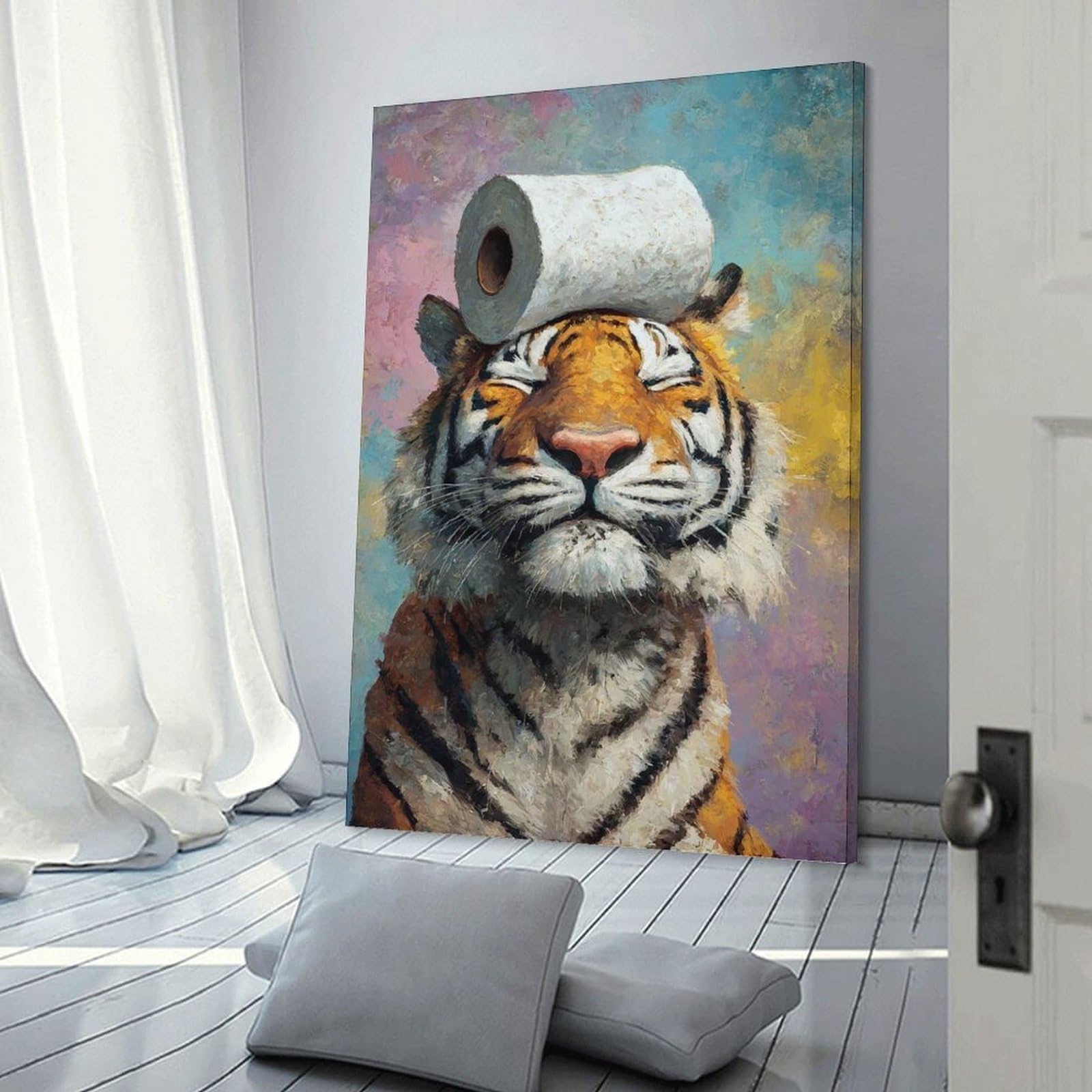 Junmoney Hanging Wall Art Tiger with Toilet Paper on Head, 16x24inch(40x60cm), for Work Areas, Reading Rooms Or Studios, Wall Art That Adds Style to Work Areas