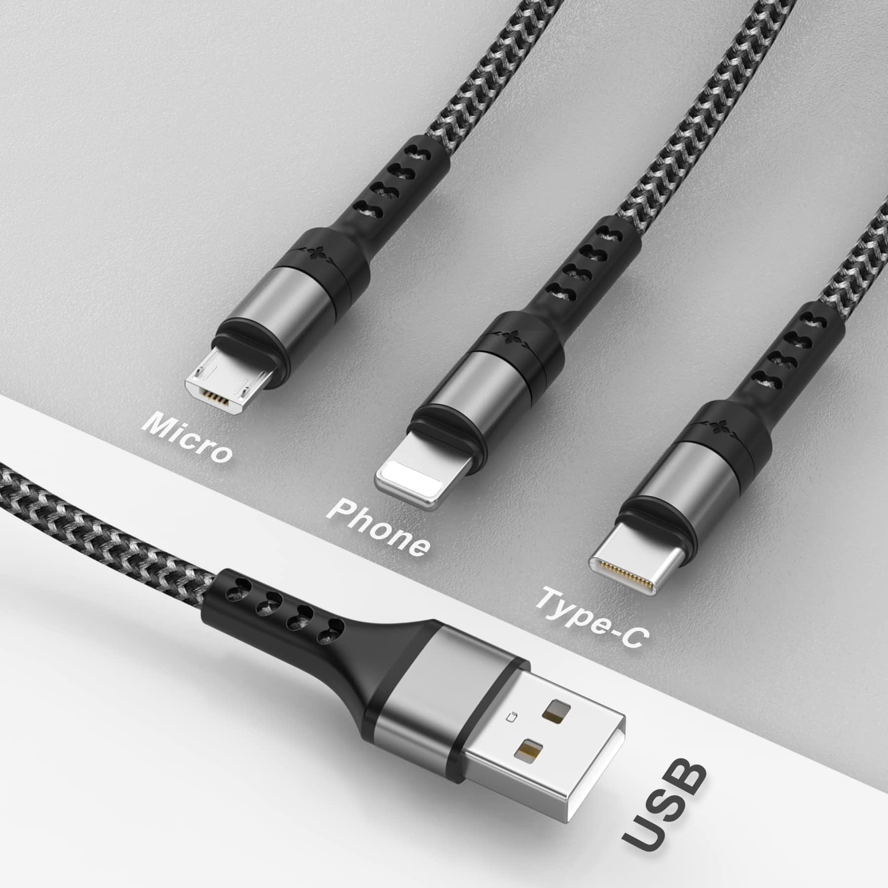 RAVIAD Multi Cavo di Ricarica, 3 in 1 Multiplo Cavetto [3Pezzi, 1.2M] Micro USB Tipo C Nylon Intrecciato Cavo di Ricarica USB per Samsung S24/S23/S22/S10/S9/S8, Huawei P30/P20, Xiaomi, OnePlus