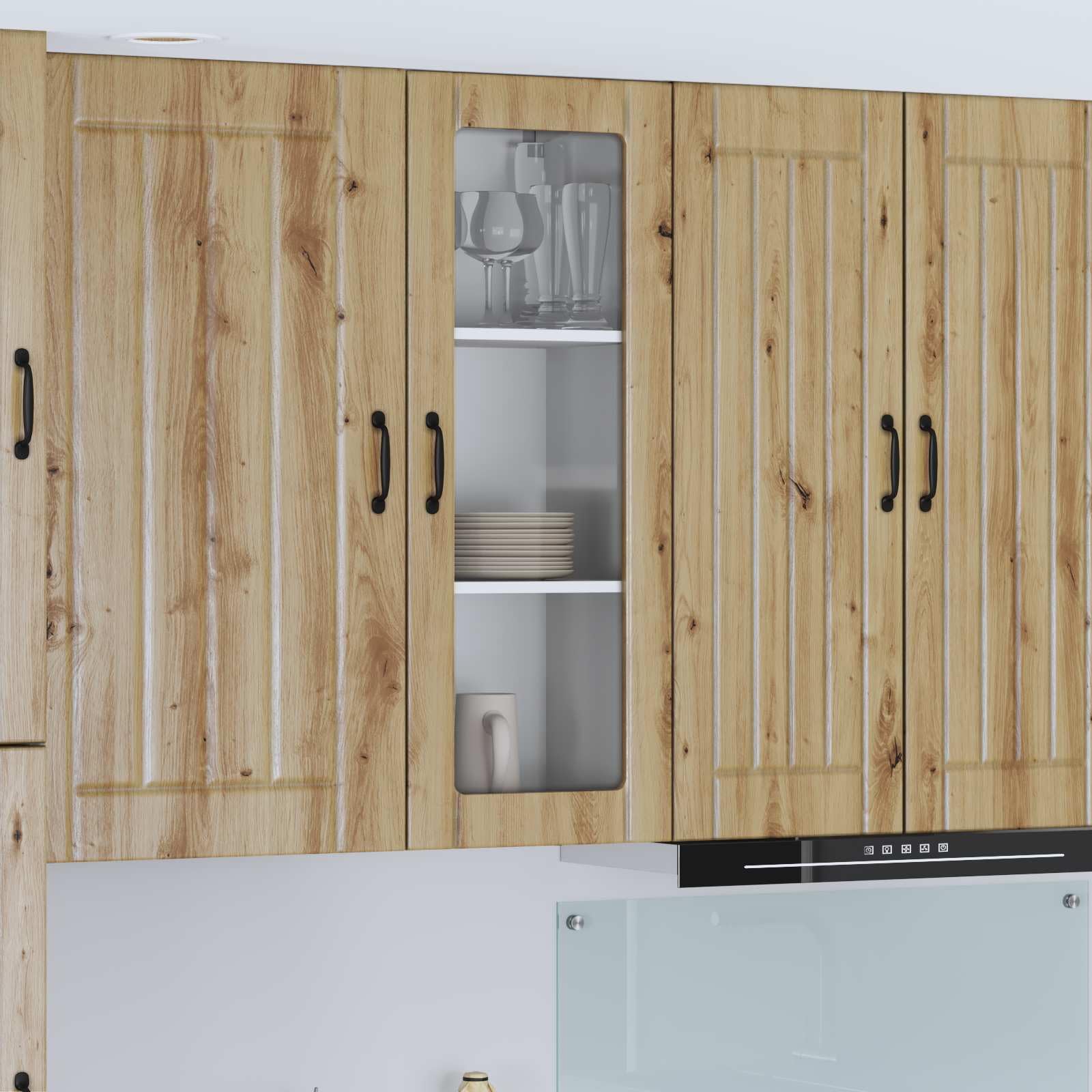 Placard de cuisine Lucca chêne suspendu avec étagères modulables pour optimiser votre vaisselle