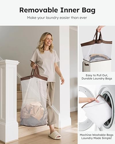 Miniatura 5 de SOLEDI Cesta de ropa con tapa, 100 L XL, cesta grande para la ropa sucia con bolsa removible, cestas de lavandería plegables, almacenamiento