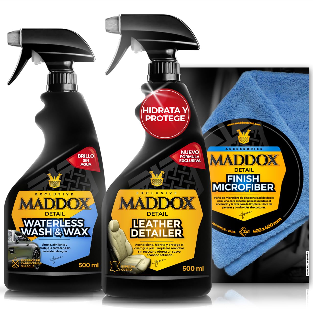 Maddox Detail - Kit Avanzado de Cuidado y Mantenimiento Automotriz - Cuero, Microfibra y Lavado en Seco | Leather Detailer, Finish Microfiber y Waterless Wash & Wax