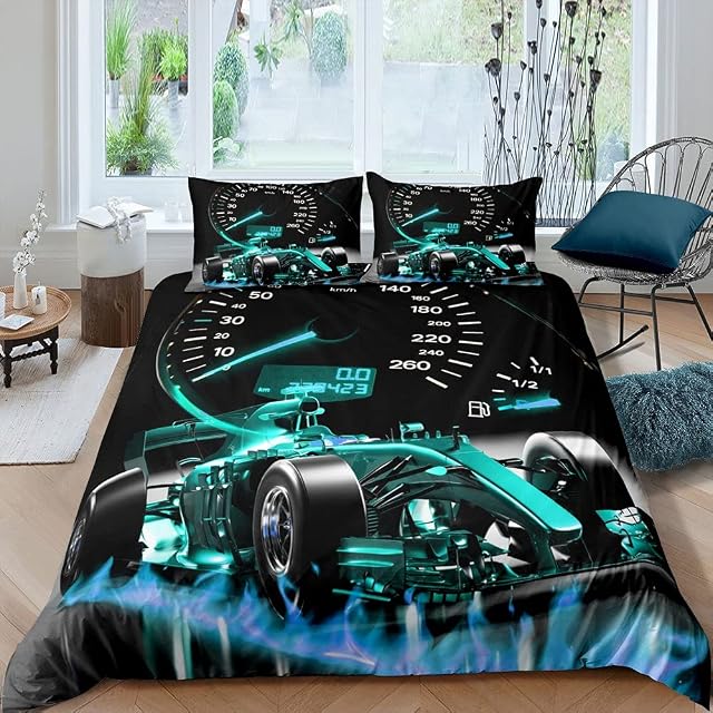 Sports Car Bedding Set Formula Race Car Duvet Cover for Kids Boys Girls Extreme Sports Comforter Cover Cool Speed Teal Blue Bedding & Linen 2Pcs Single Size