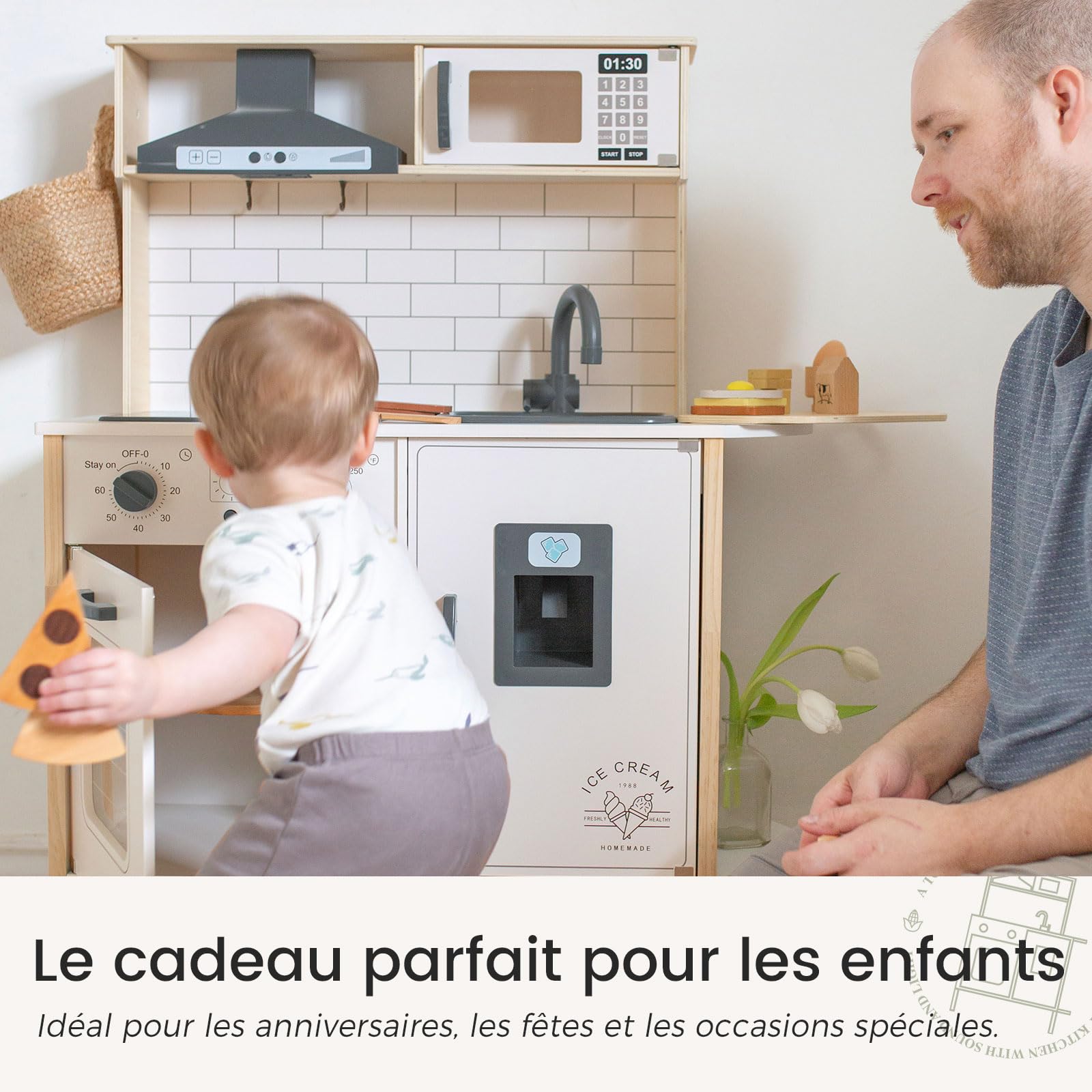 Tiny Land Cuisine Enfant en Bois avec 18 Accessoires pour Aliments/Dinette | Cuisine Bebe Equipee Complete Ustensiles de Cuisine Jouet Ensemble de Jeu en Bois pour Les Tout-Petits 3-7 Ans