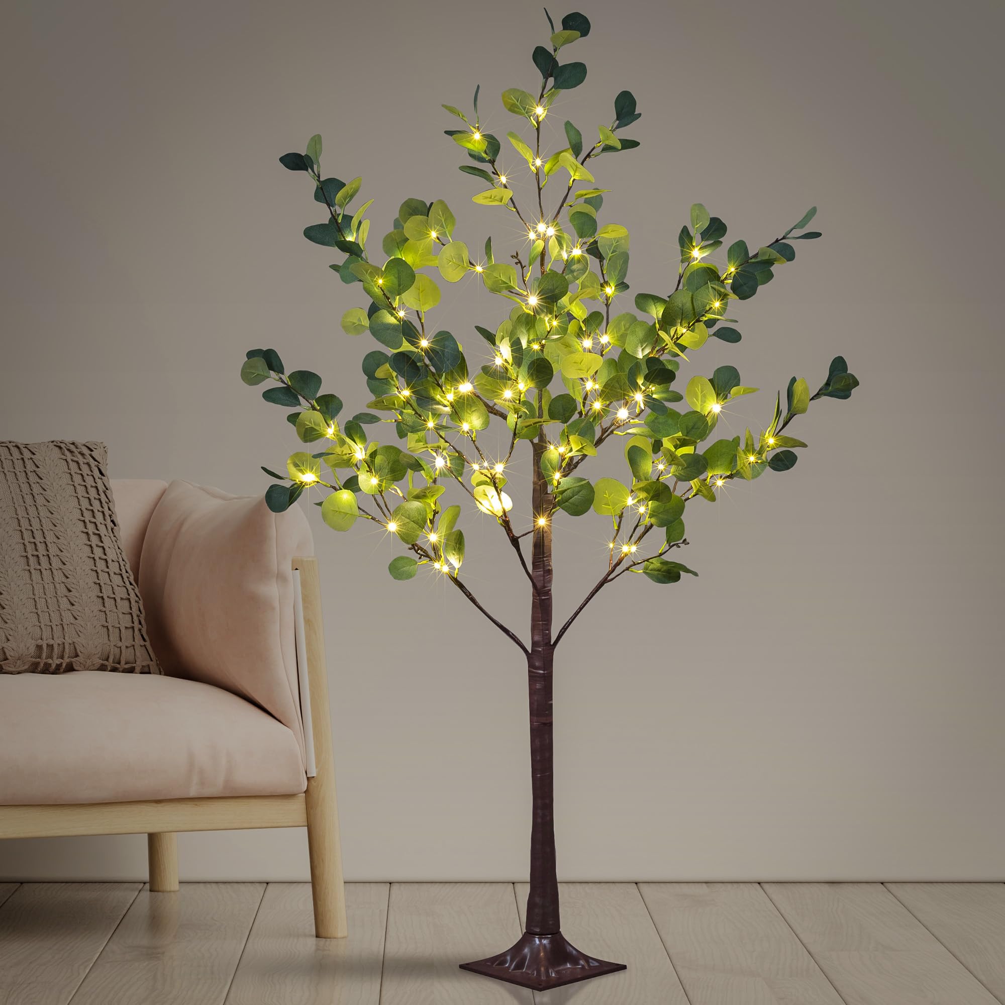 LIGHTSHARE 4FT Lighted Eucalyptus Tree 126L Warm White LED Artificial Greenery with Lights for Wedding Holiday Home Party Decoration Indoor Outdoor