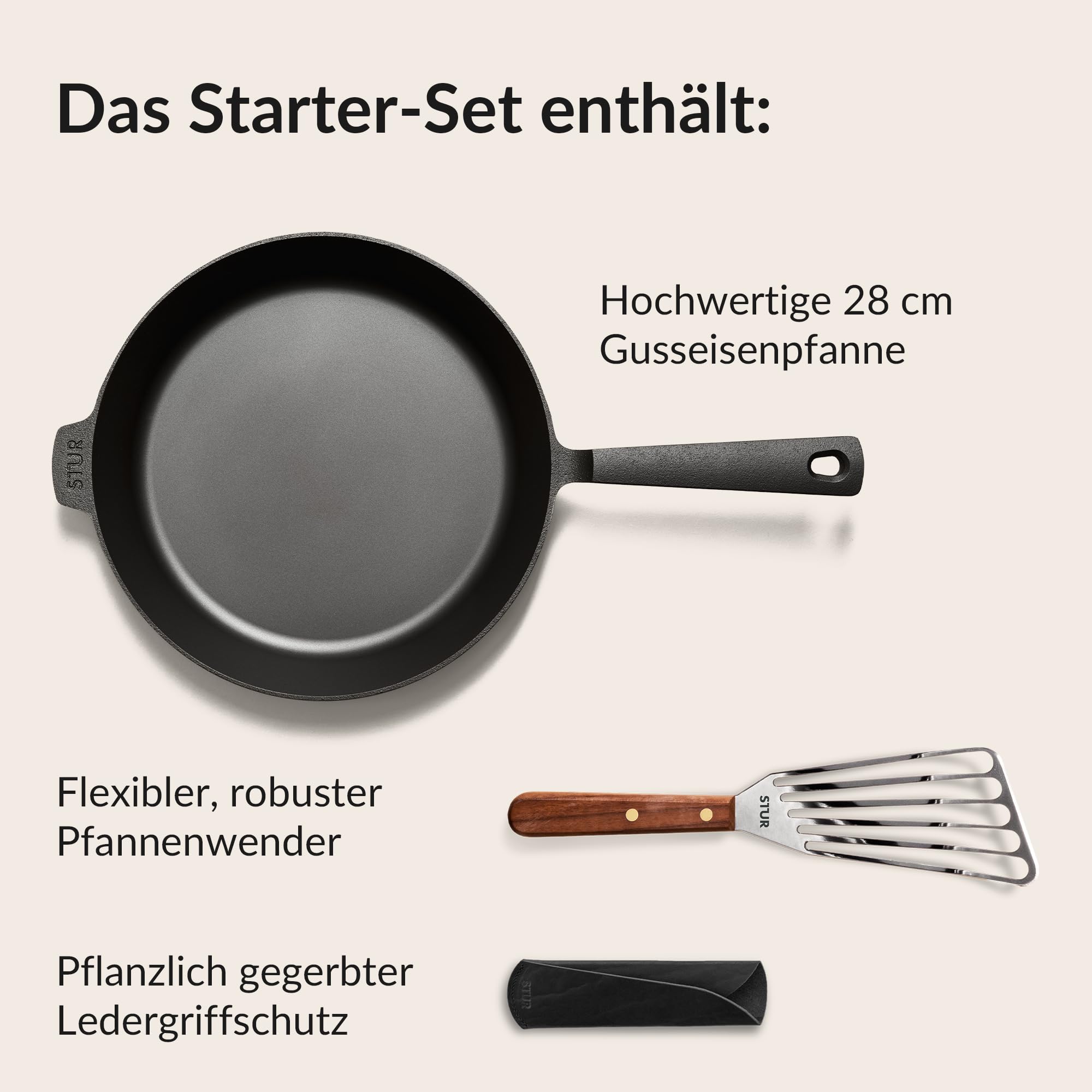 STUR - ORIGINAL Starter-Set Gusseisenpfanne Induktion 28 cm inkl. Echtleder Griffschutz & Pfannenwender - Cast Iron Pan geschliffen für alle Herdarten - Kratzfeste Pfanne Gusseisen & Zubehör