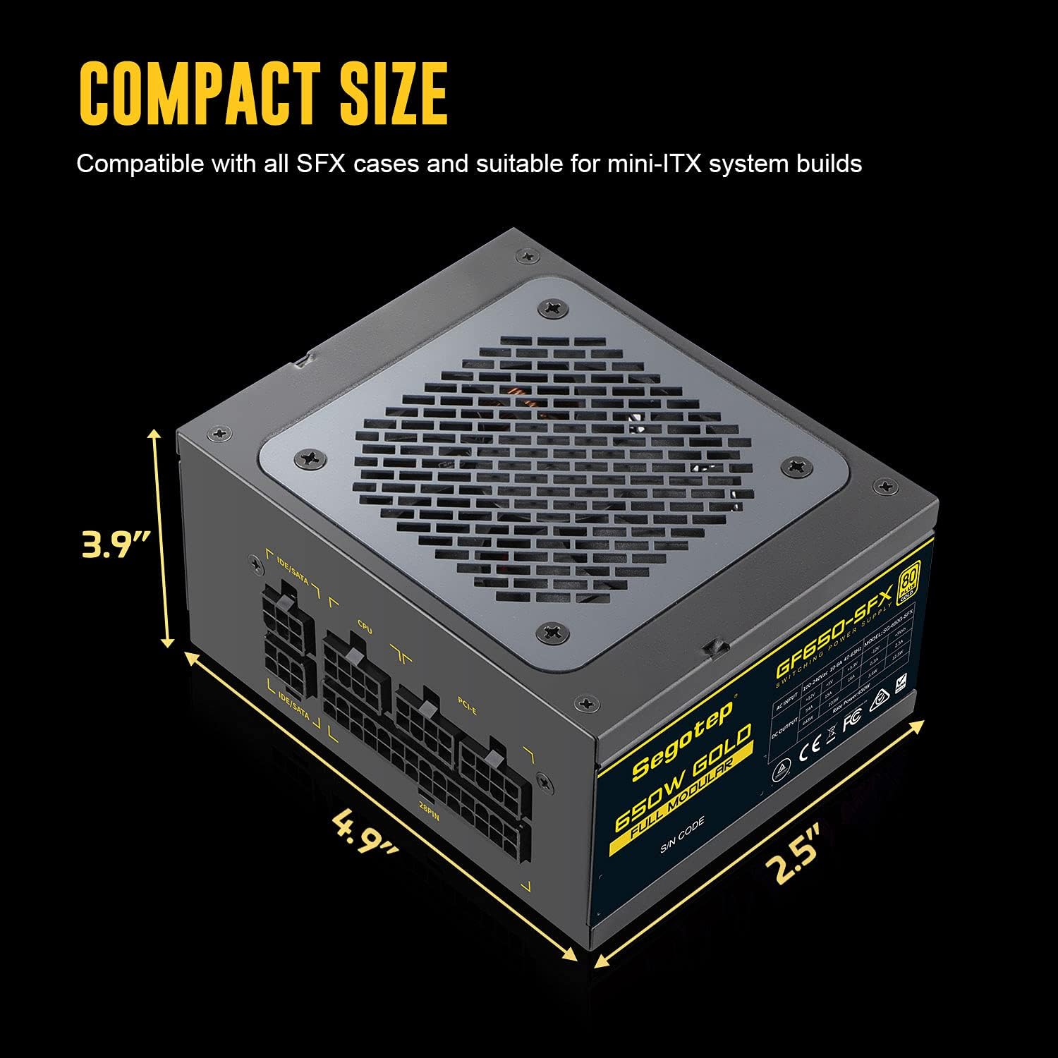 Segotep 650W SFX Power Supply with dimensions