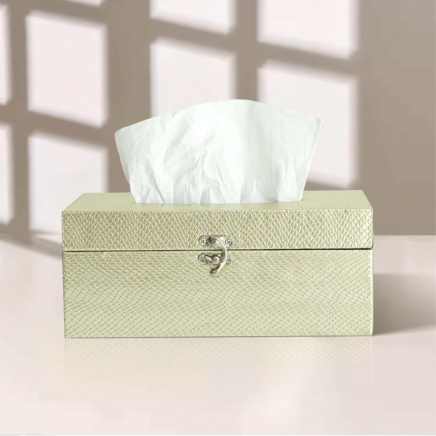 Gold Tissue Box Cover Rectangle, Elegant Faux Leather Tissue Box Holder with Non-Woven Fabric Lining, Durable Tissue Box Cover for Bathroom, Living Room, Bedroom