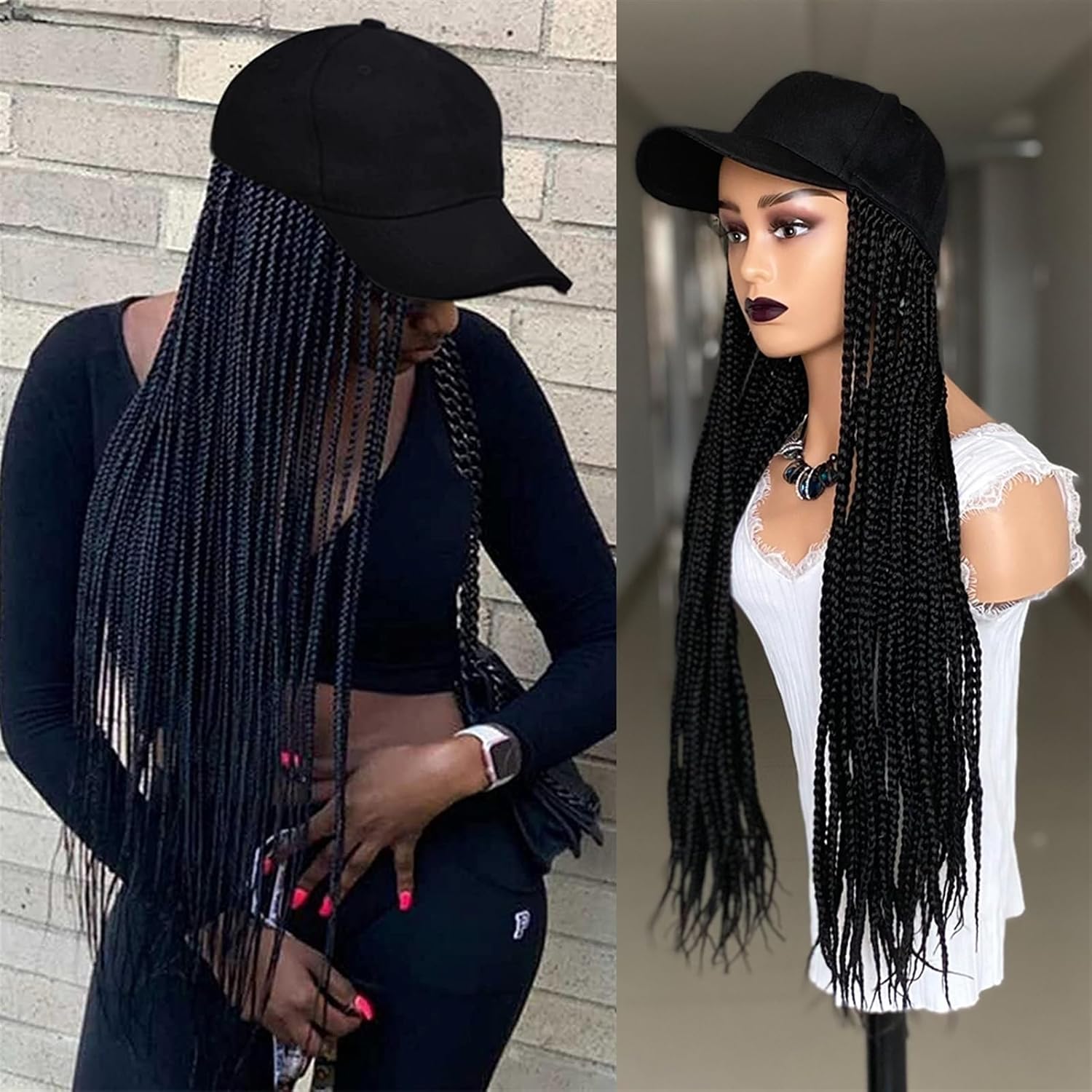 Wig Cap Long Black Baseball Cap Wig Hat with Braids Adjustable Cap Hat Braiding Hair Wig for Woman/Men Daily Use Hair Extension Cap (Color : 1)