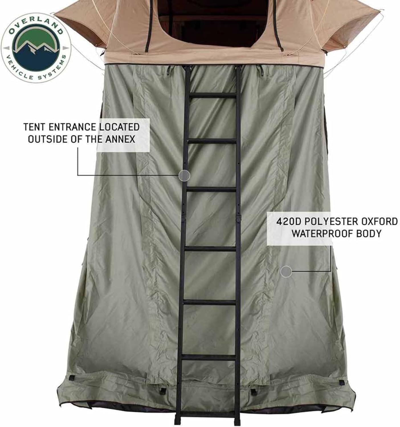 Overland Vehicle Systems LD TMBK 3 Soft Shell Roof Top Tent with Annex Combo, Tan Body & Green Rainfly with Green Annex