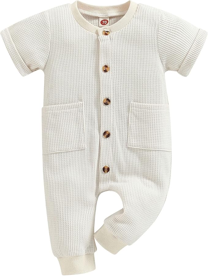 Mubineo Infant Baby Boy Girl Summer Fall Basic Plain Button Short Sleeve Romper Jumpsuit Clothes