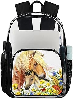 Mochila transparente de flores de cavalo para serviço pesado, mochila transparente impermeável de cavalo em aquarela mochila transparente de PVC com alça de ombro reforçada para escola, trabalho, viagens, Multicor