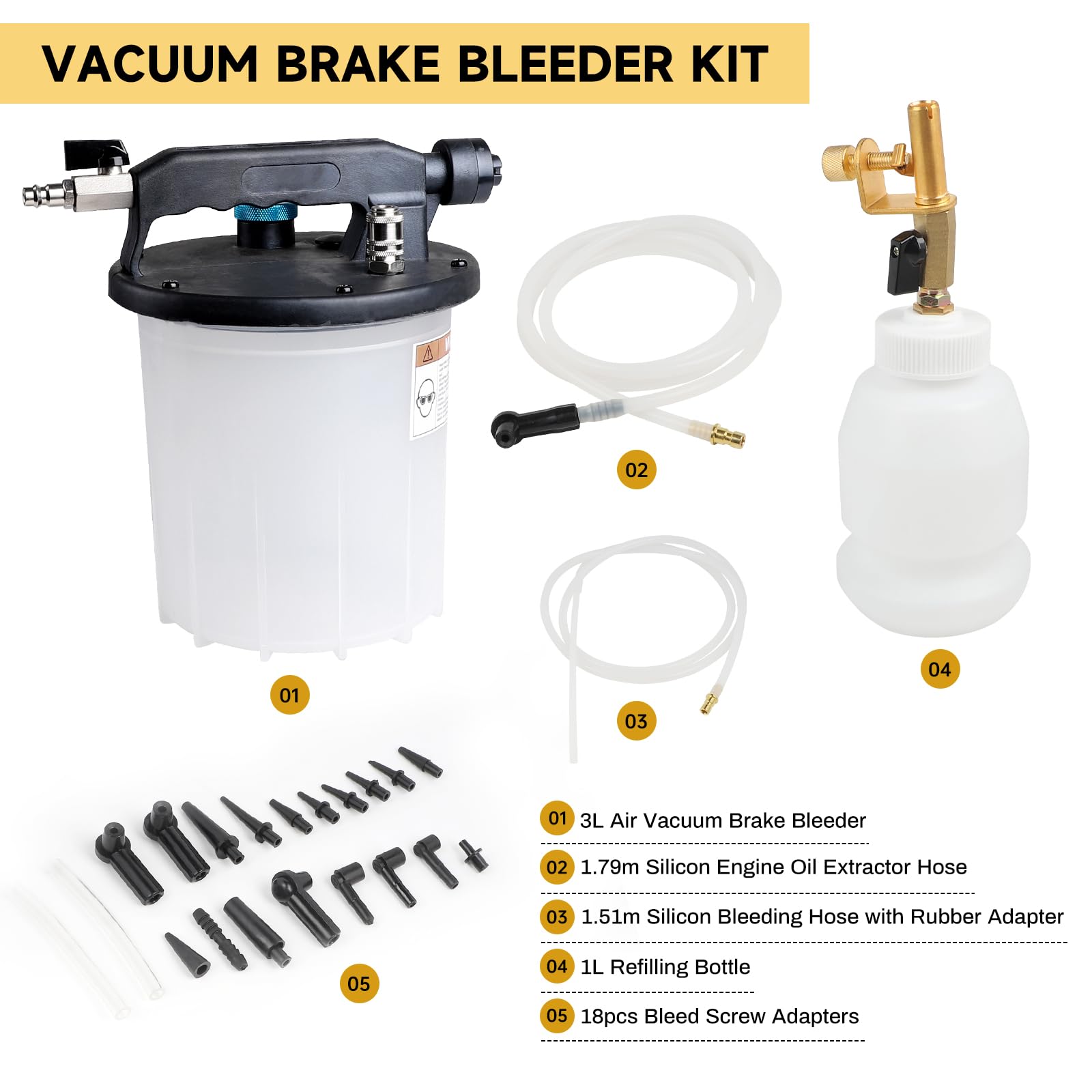 lalago 3L Purgador Frenos Coche Aire Comprimido, Equipo de Purga de Frenos Kit con 1L Dispensador, Cambio Liquido Frenos Brake Bleeder Kit