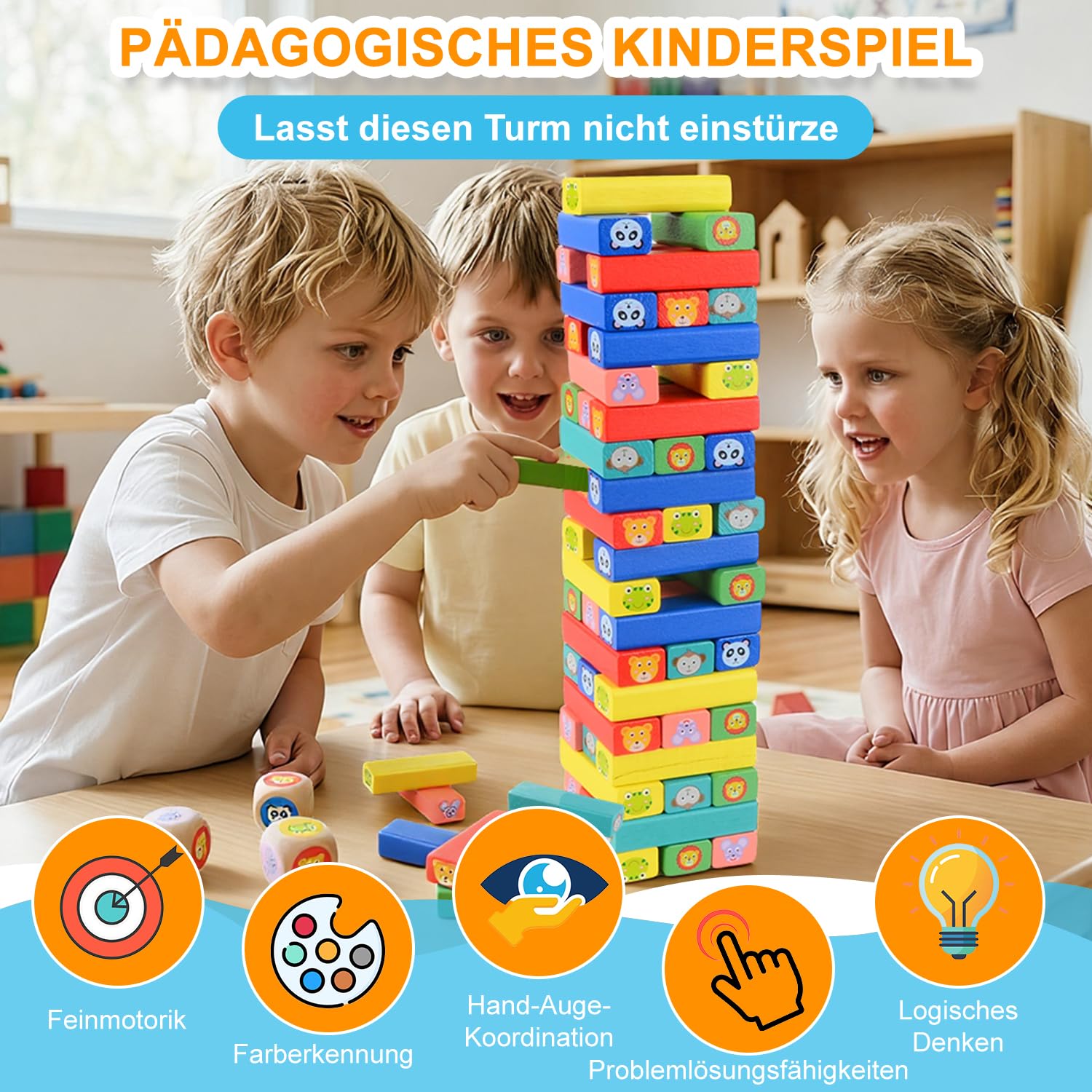 Torre de Bloques de Madera 4 en 1, Juguete Montessori de Equilibrio y Habilidad, Juego de Mesa Familiar y de Viaje, Juego Educativo Regalo para Niños y Niñas de 3 a 9 años
